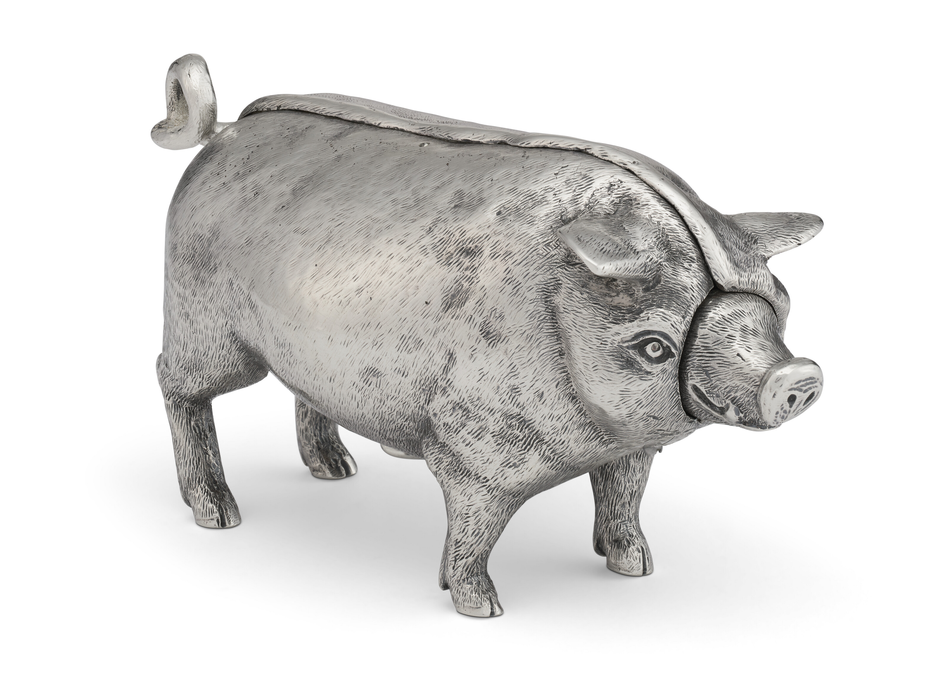 A GEORGE V SILVER PIG-FORM NOVELTY TABLE BELL, MARK OF WILLIAM