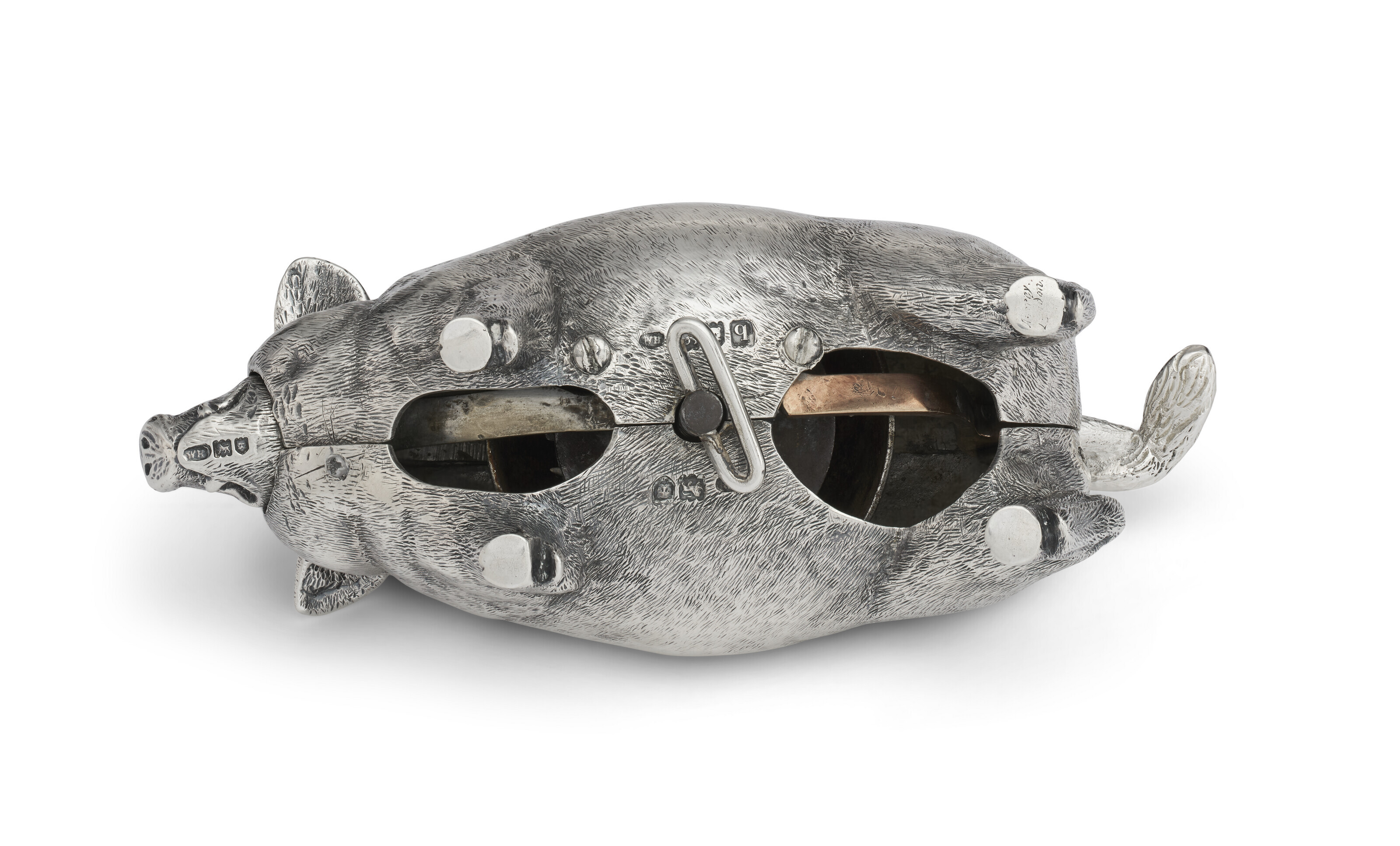 A GEORGE V SILVER PIG-FORM NOVELTY TABLE BELL, MARK OF WILLIAM
