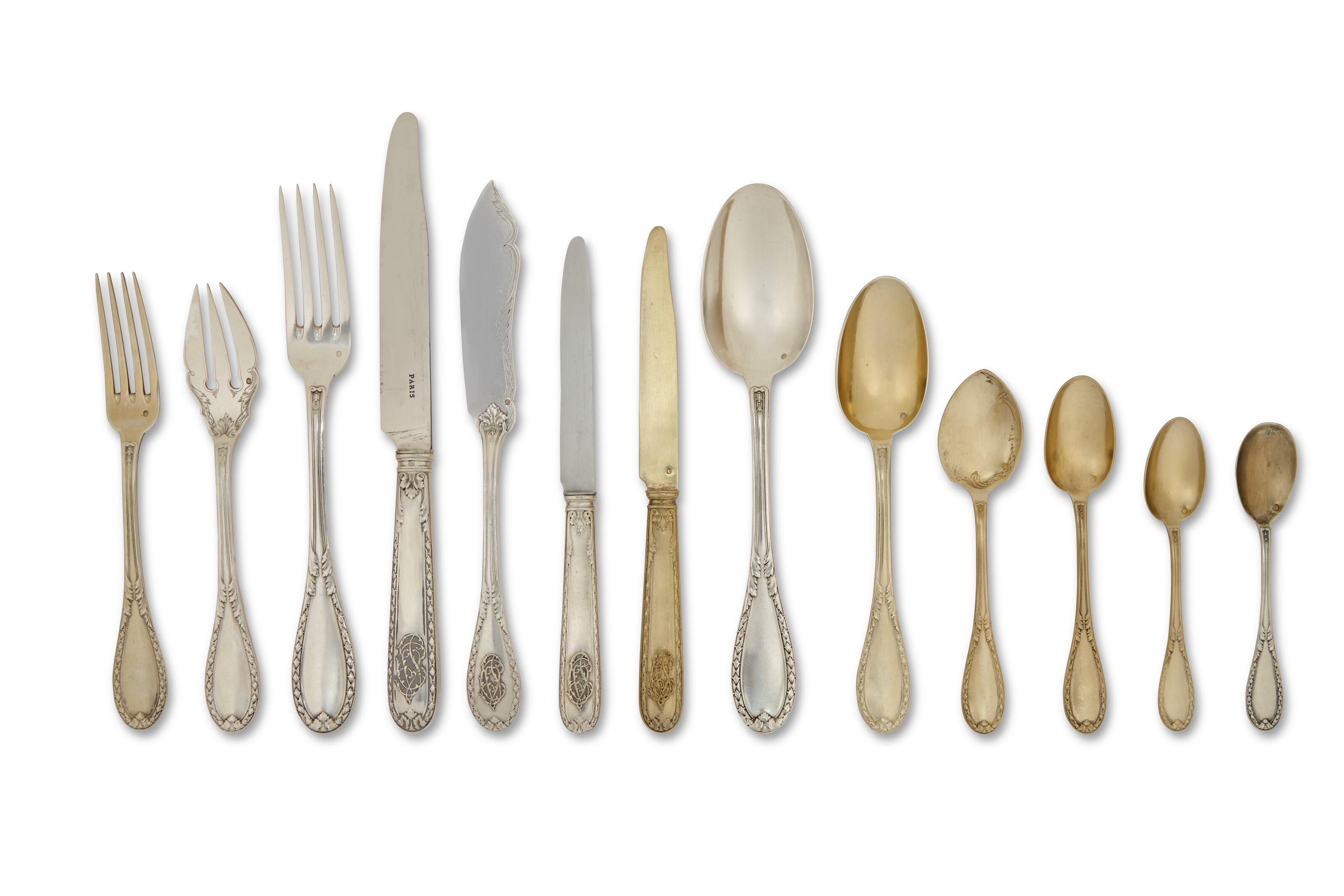 AN EXTENSIVE FRENCH SILVER AND SILVER-GILT FLATWARE SERVICE, WITH ...