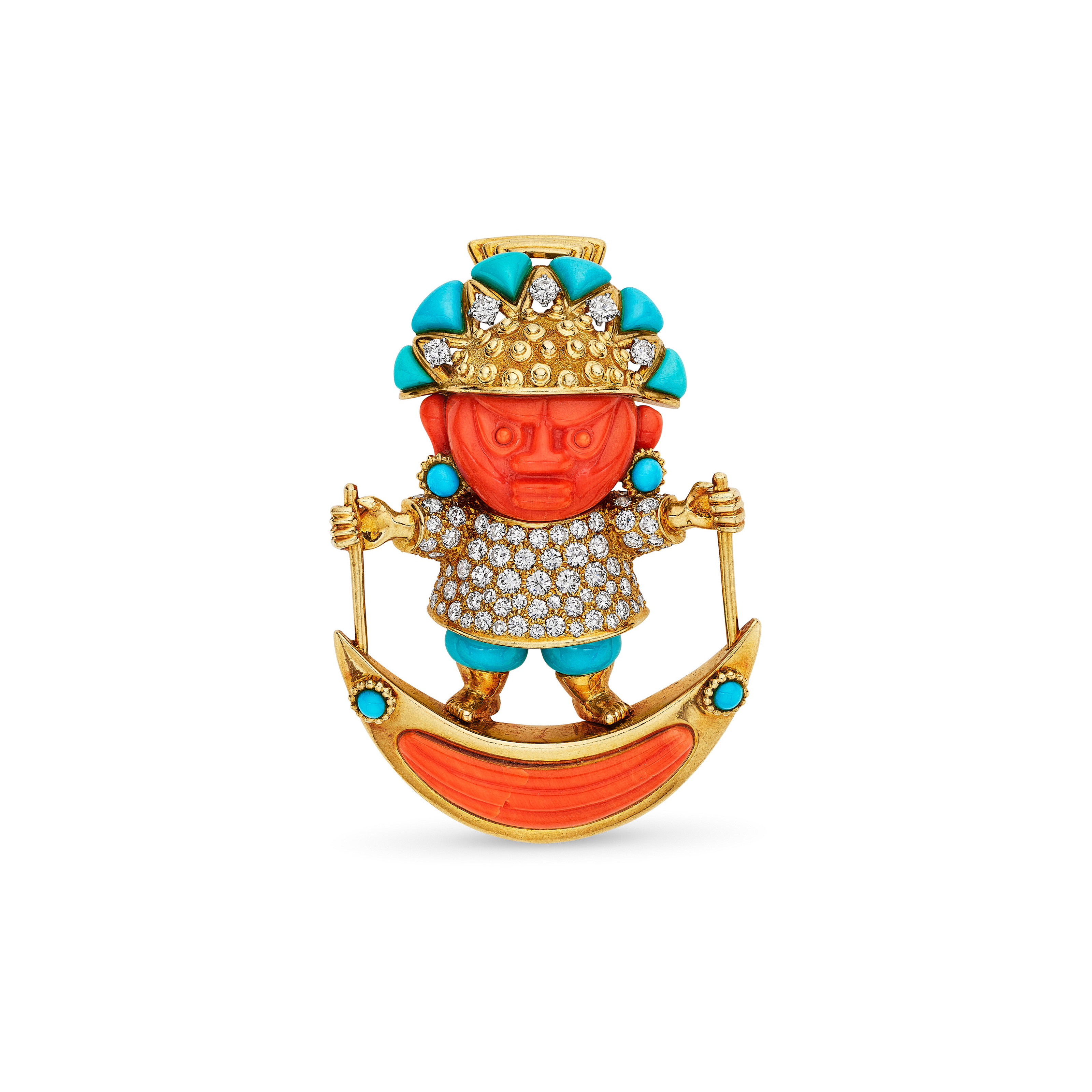 Tiffany and Co., a Donald Claflin coral, turquoise and diamond brooch. Sold for $37,800 on 10 December 2024 at Christie's in New York