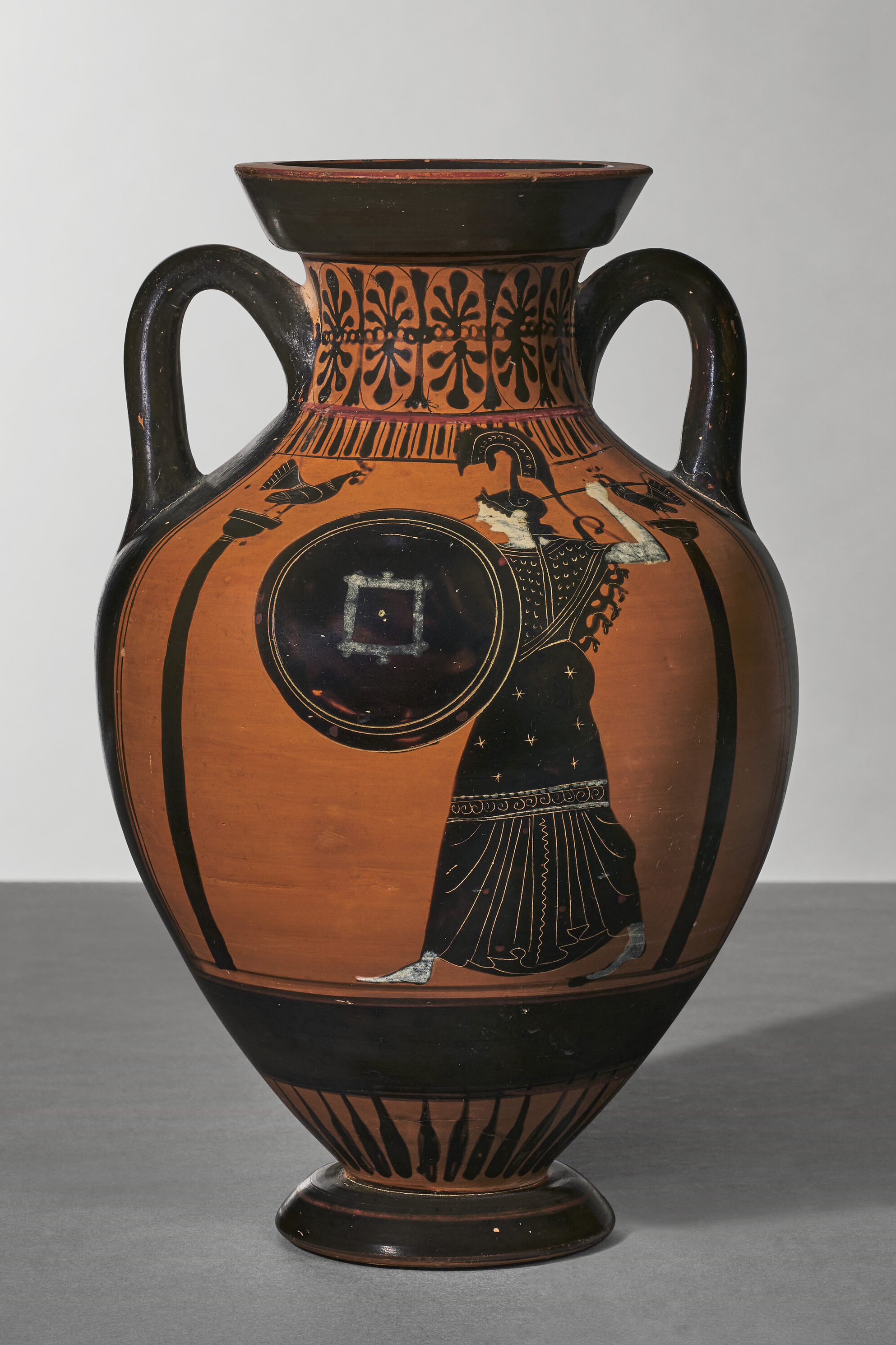An Attic black-figured pseudo-Panathenaic amphora, attributed to the Eucharides Painter, circa 490-480 B.C., sold for $126,000 on 9 April 2024 at Christie's in New York