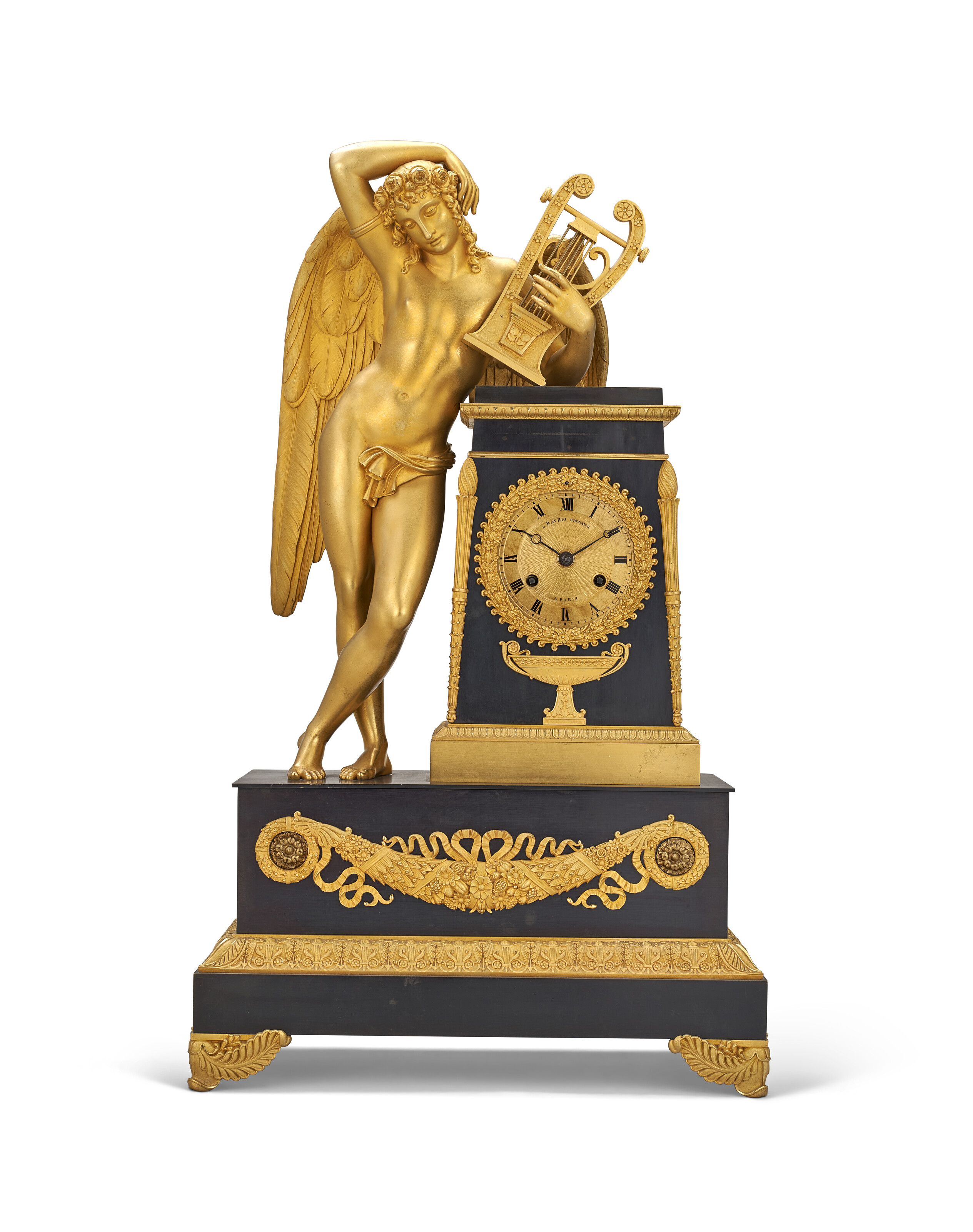 A CHARLES X ORMOLU AND PATINATED BRONZE MANTEL CLOCK, BY LOUIS