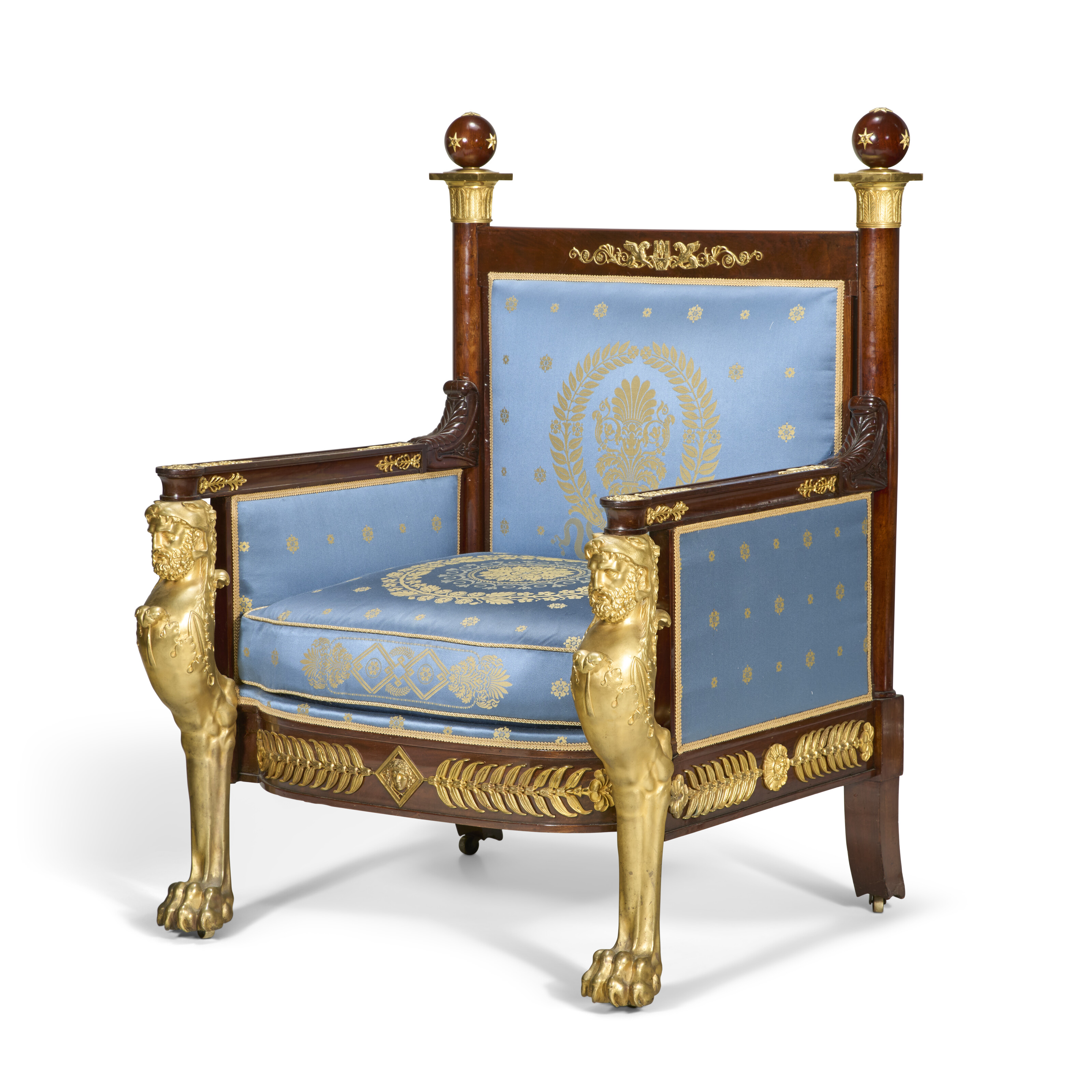 A LARGE FRENCH ORMOLU-MOUNTED MAHOGANY THRONE CHAIR, AFTER THE