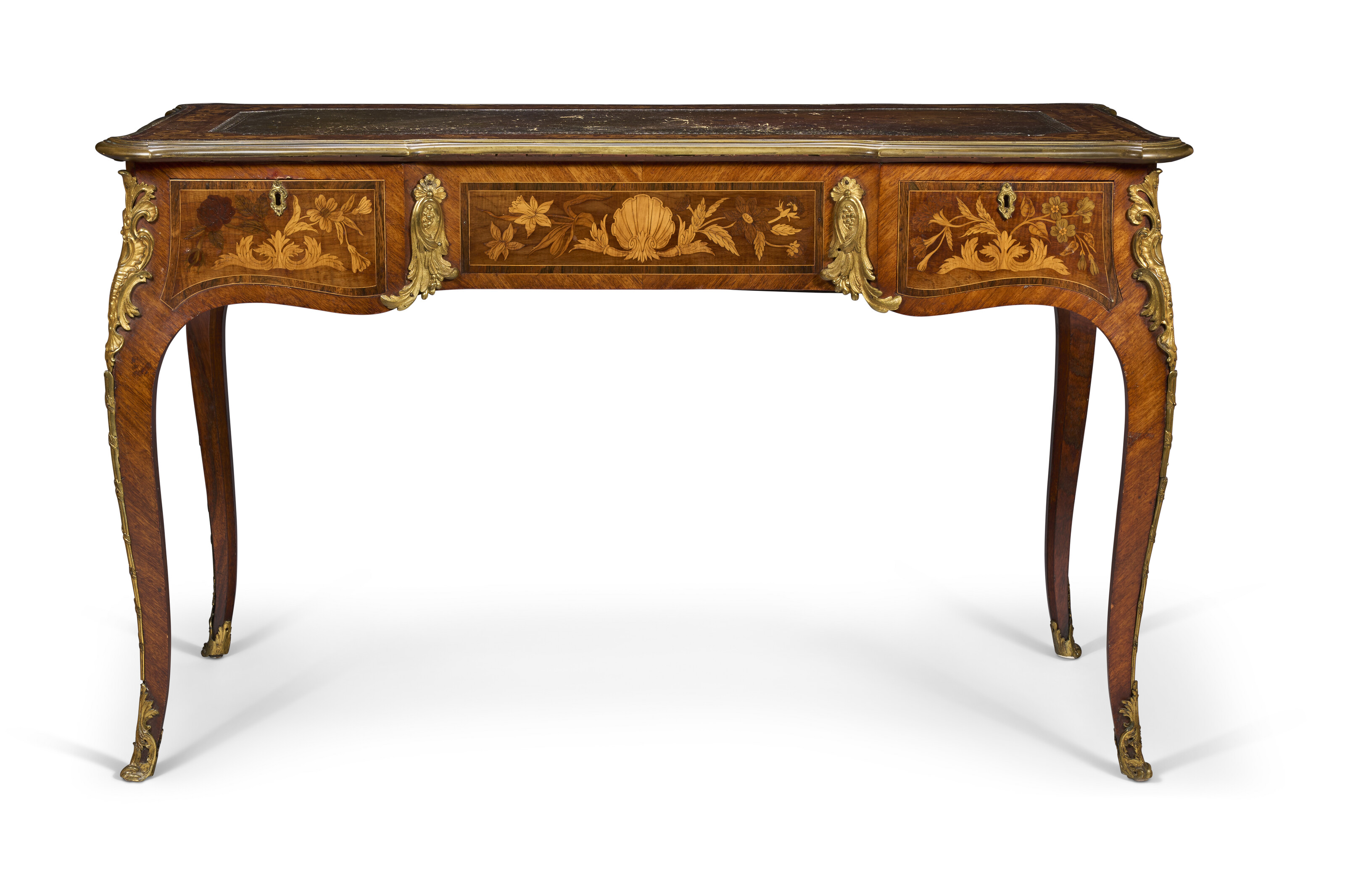 AN EARLY VICTORIAN ORMOLU-MOUNTED MAHOGANY, FRUITWOOD, AMARANTH AND ...