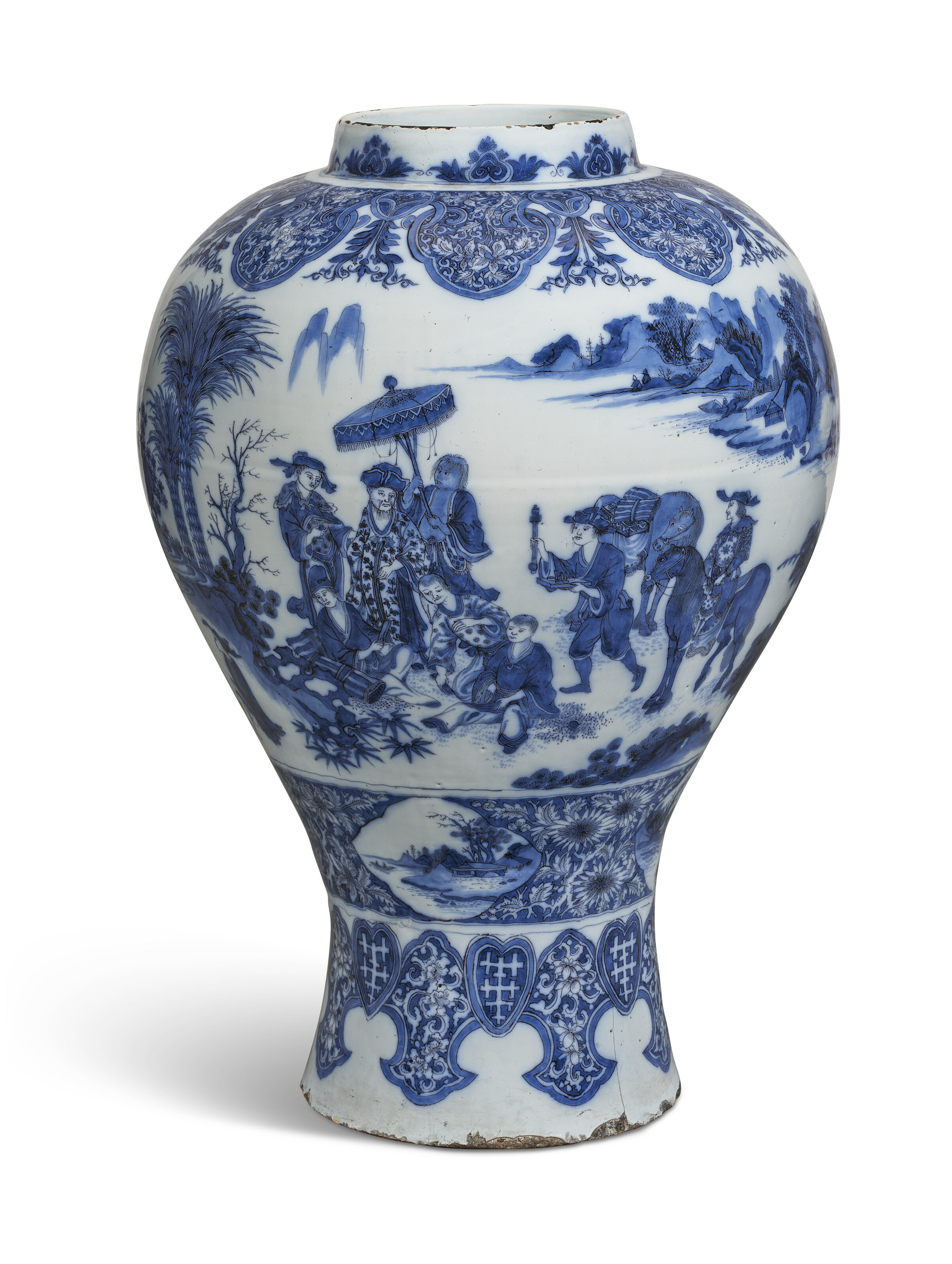 A MASSIVE DUTCH DELFT BLUE AND WHITE BALUSTER CHINOISERIE VASE