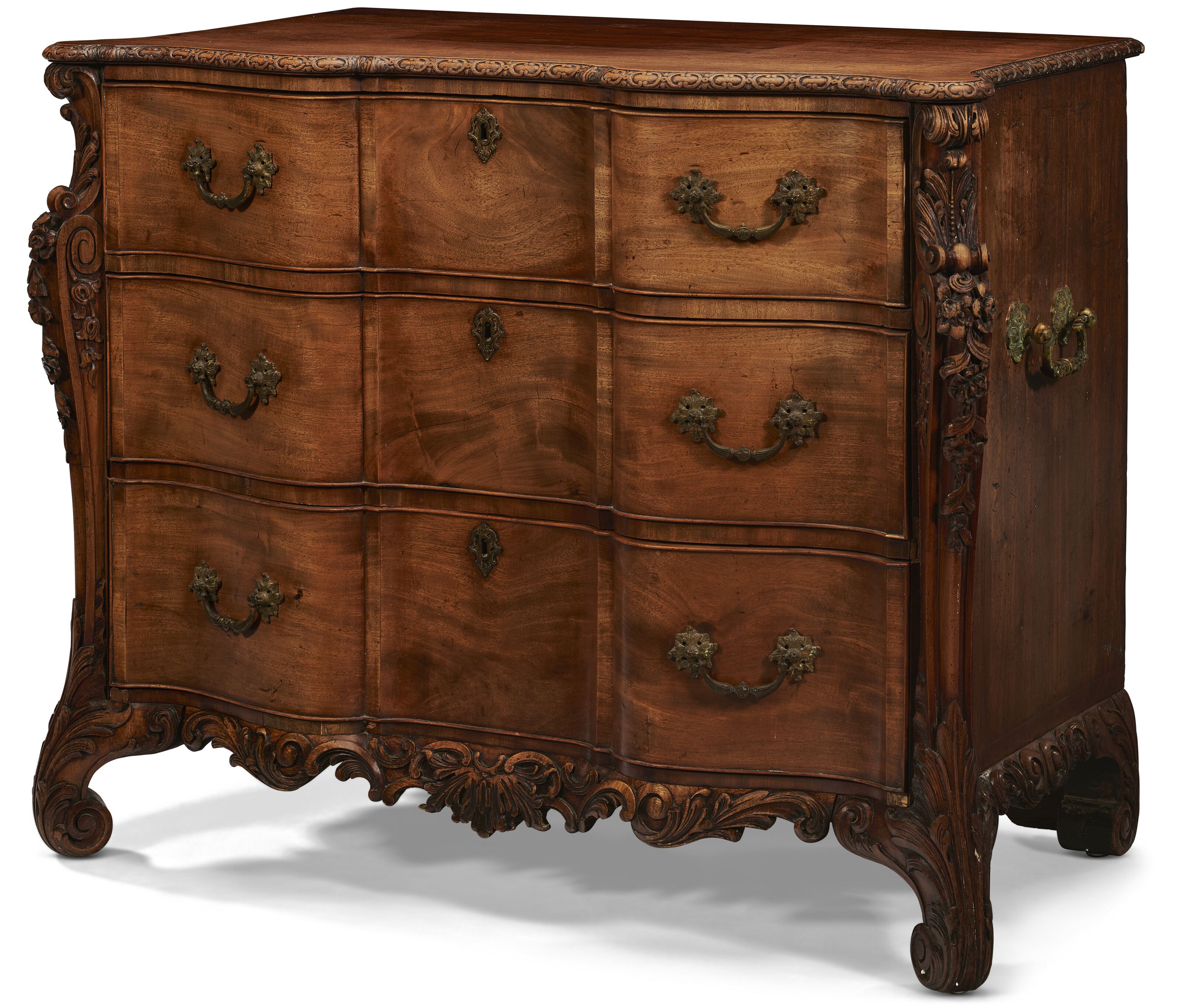 A GEORGE III MAHOGANY COMMODE, POSSIBLY BY WRIGHT AND ELWICK, LATE