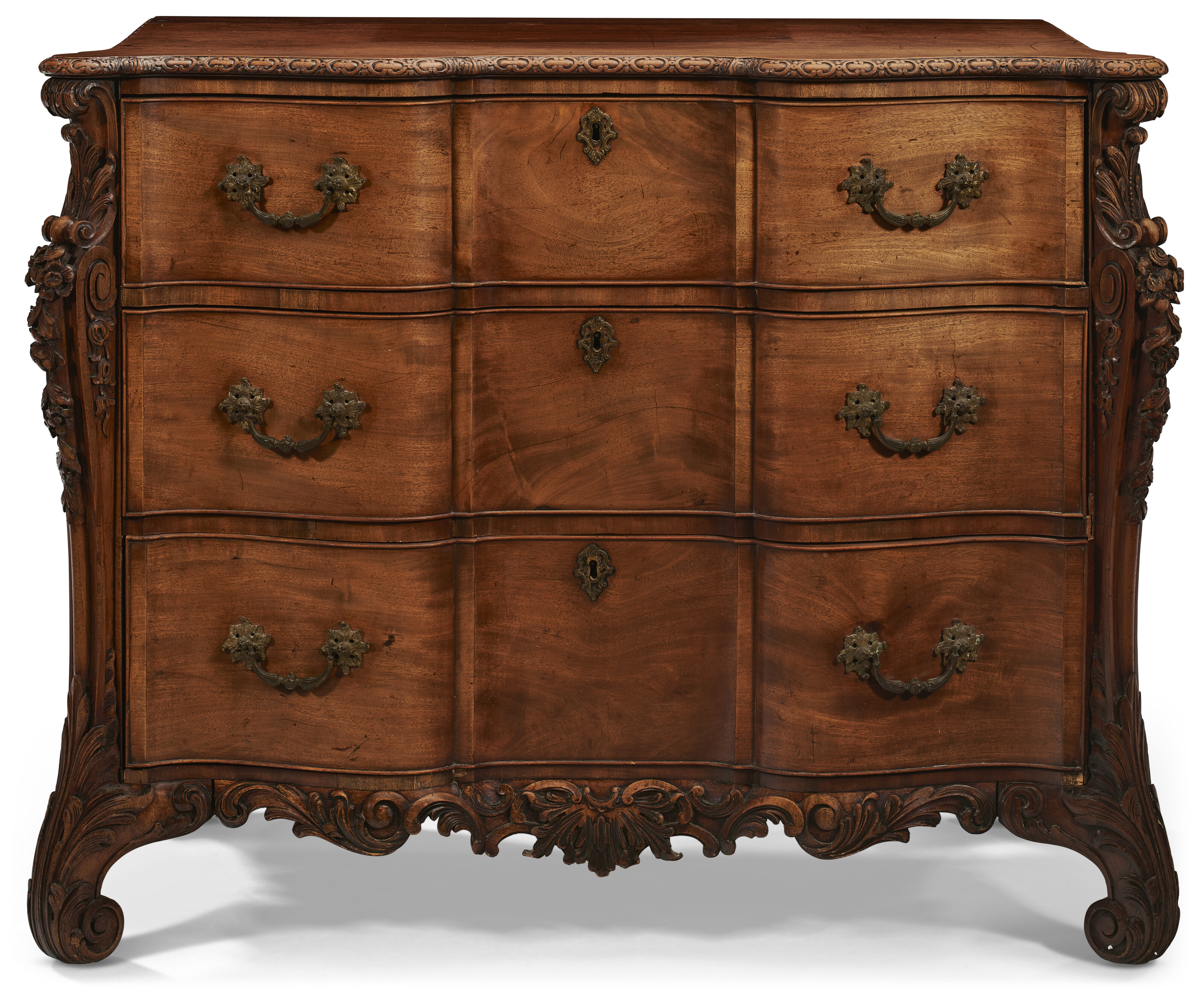 A GEORGE III MAHOGANY COMMODE, POSSIBLY BY WRIGHT AND ELWICK, LATE
