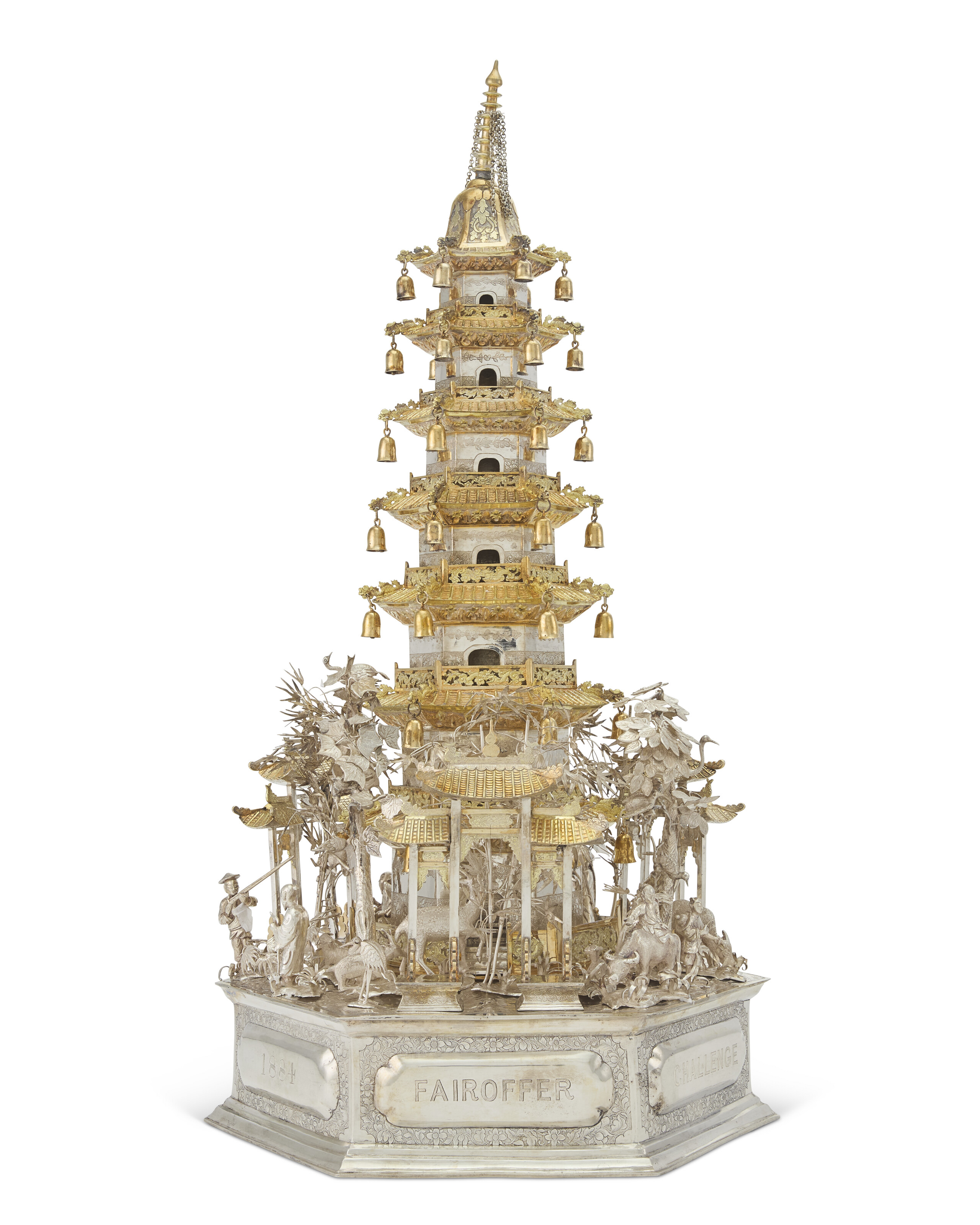 A CHINESE EXPORT PARCEL-GILT SILVER PRESENTATION MODEL OF A PAGODA