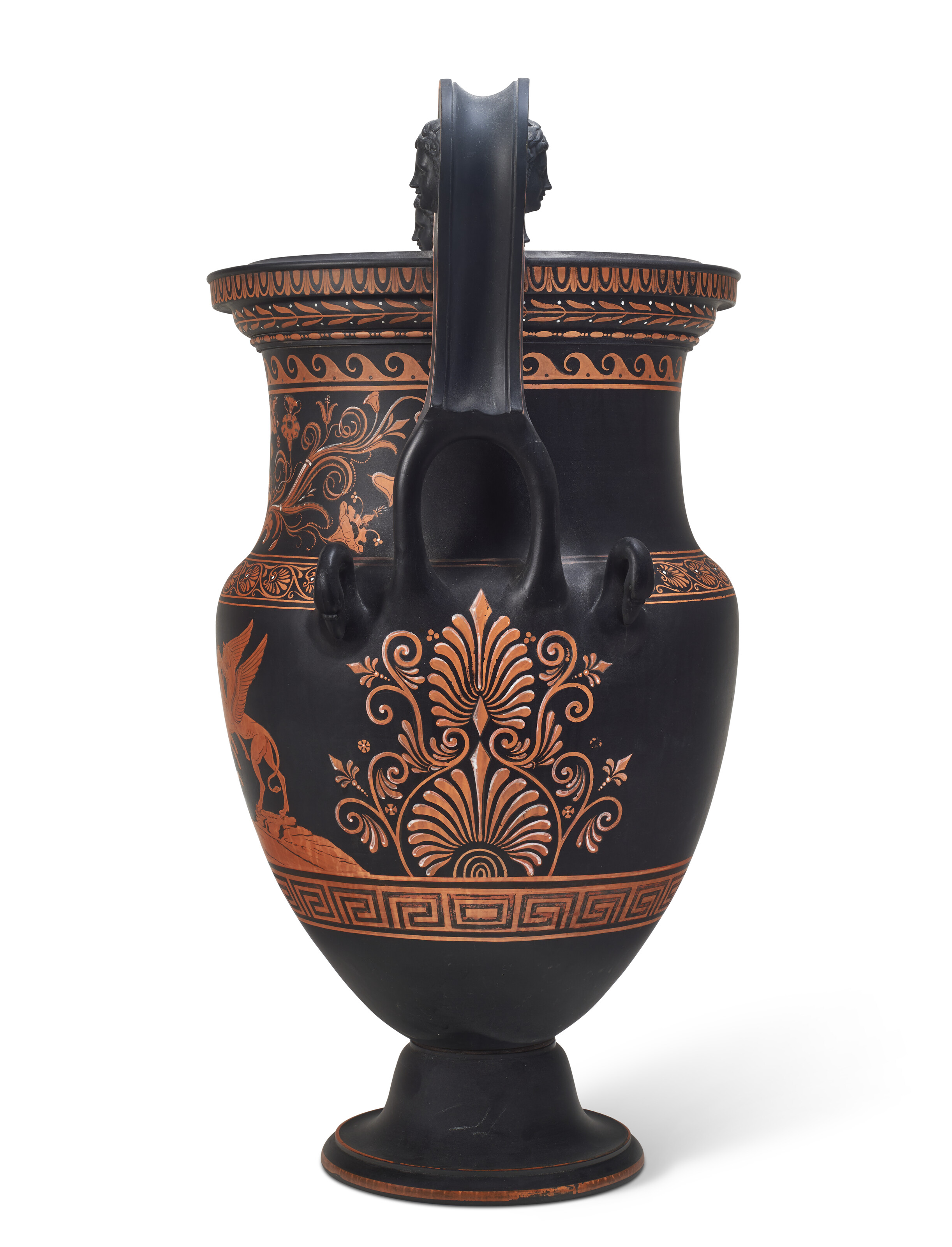 A VERY LARGE WEDGWOOD BLACK BASALT 'ENCAUSTIC' DECORATED 'VOLUTE