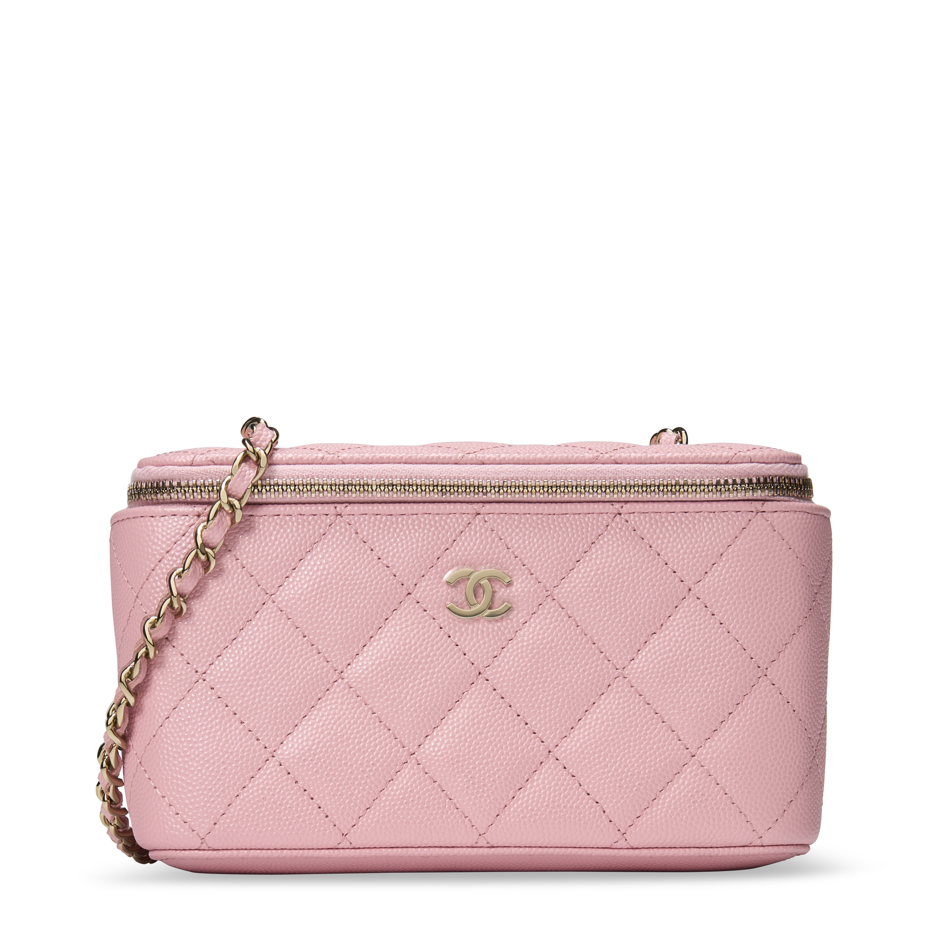 A PINK QUILTED CAVIAR LEATHER VANITY CASE WITH CHAIN WITH GOLD HARDWARE CHANEL 2021 Christie s