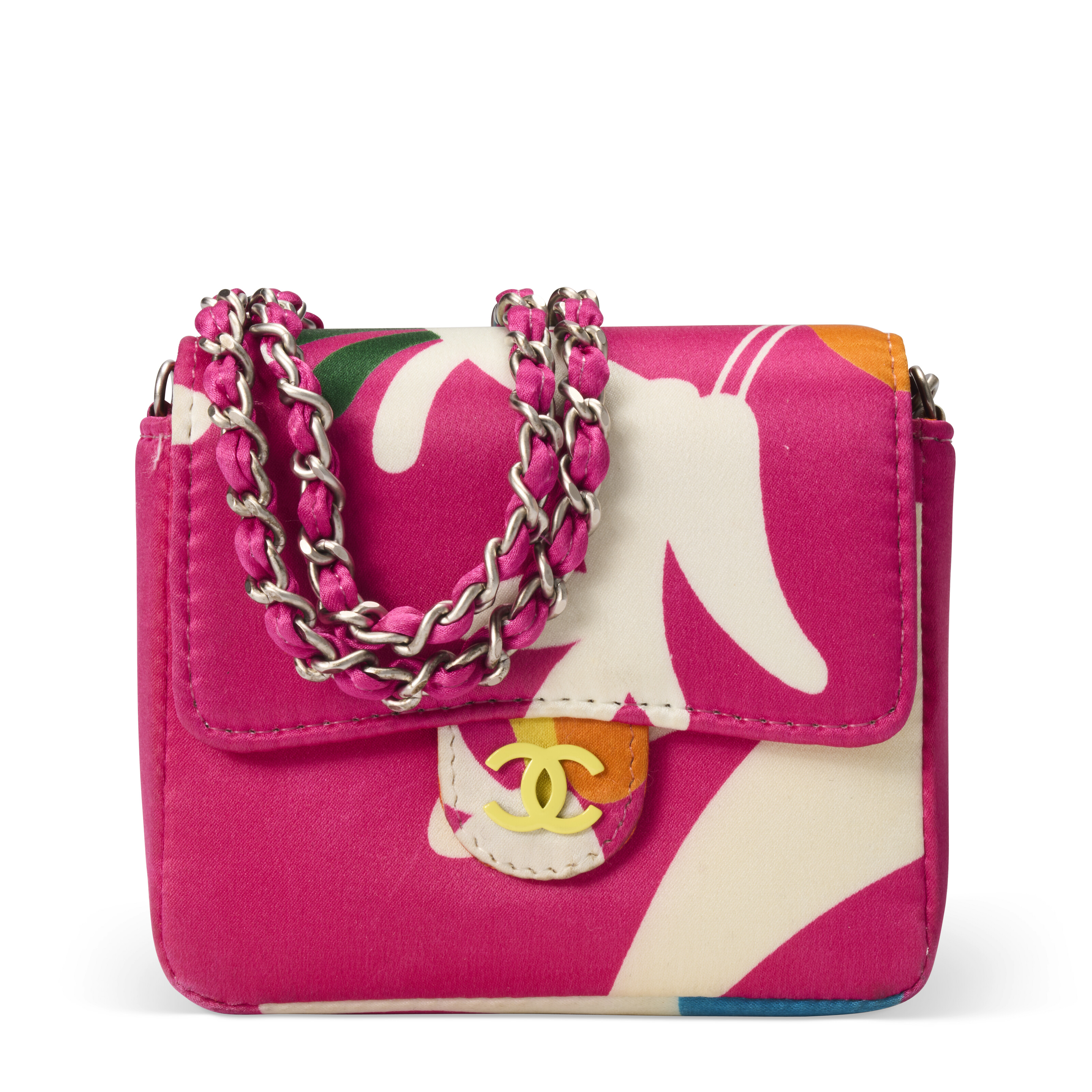 A PINK MULTICOLOR PRINTED SATIN MICRO CONVERTIBLE FLAP BAG WITH MATTE SILVER HARDWARE CHANEL 2002 Christie s