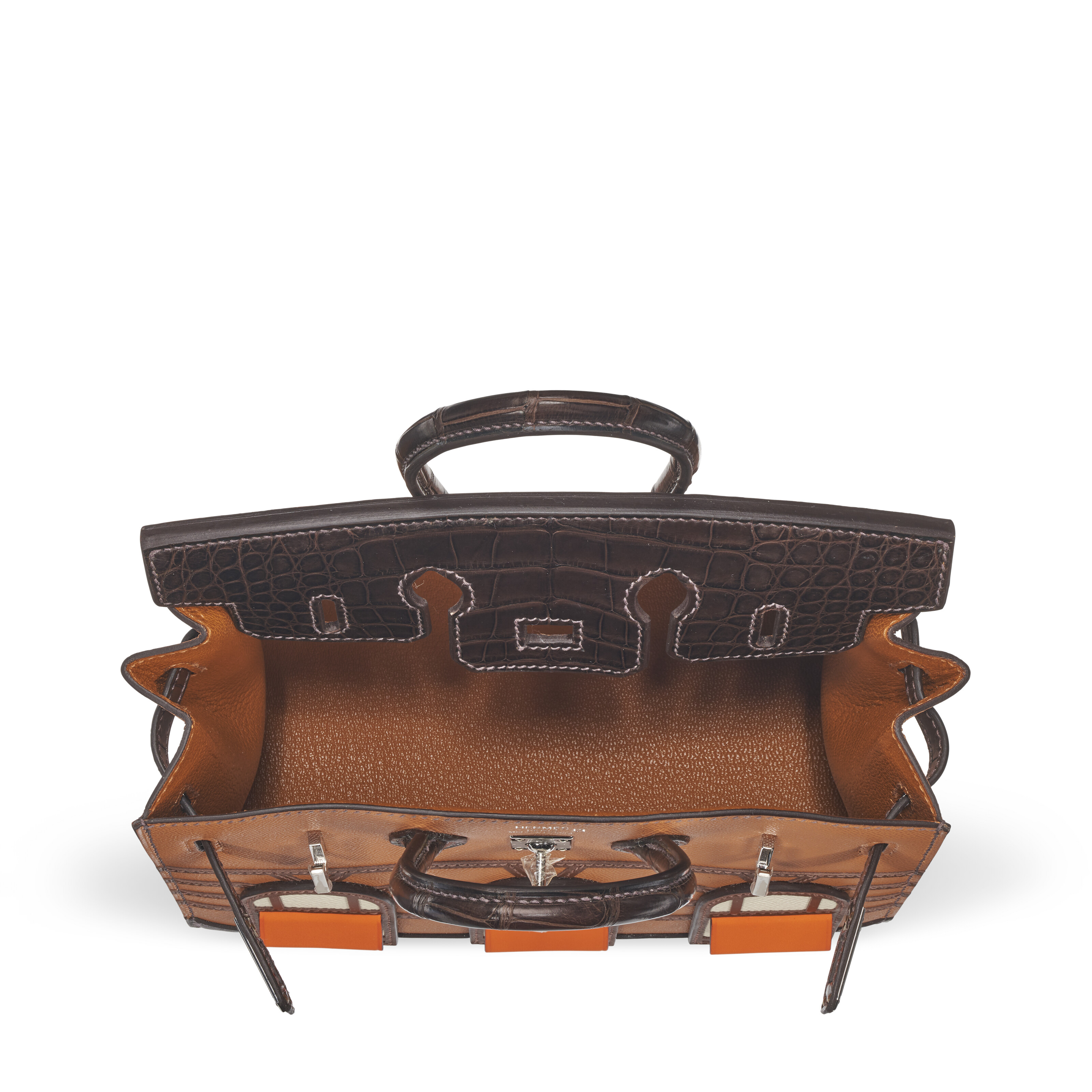 A RARE, MATTE ÉBÈNE ALLIGATOR, GOLD MADAME, ORANGE H SWIFT, BRÛLÉE