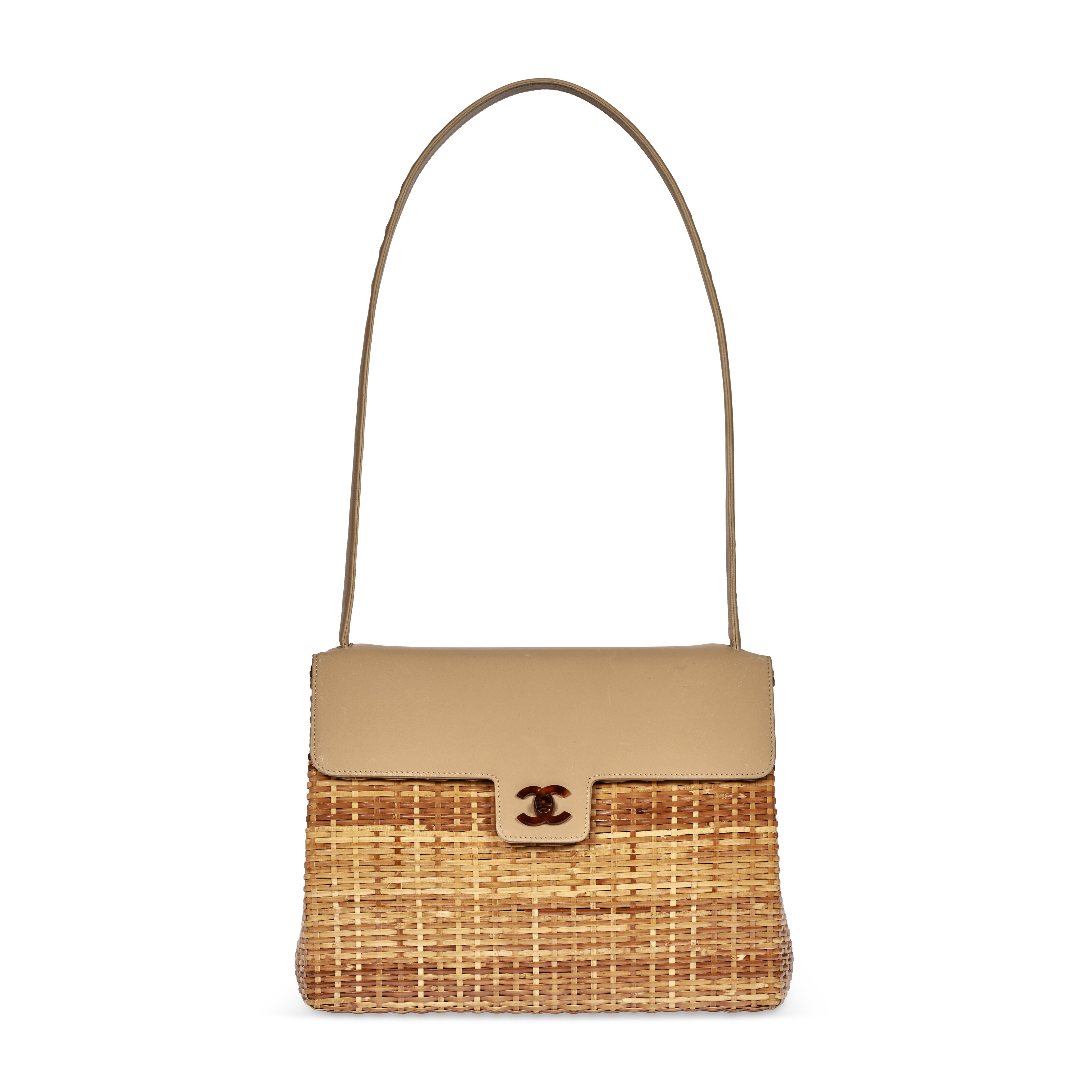 A RARE, BEIGE CALFSKIN RATTAN WICKER FLAP BAG WITH FAUX