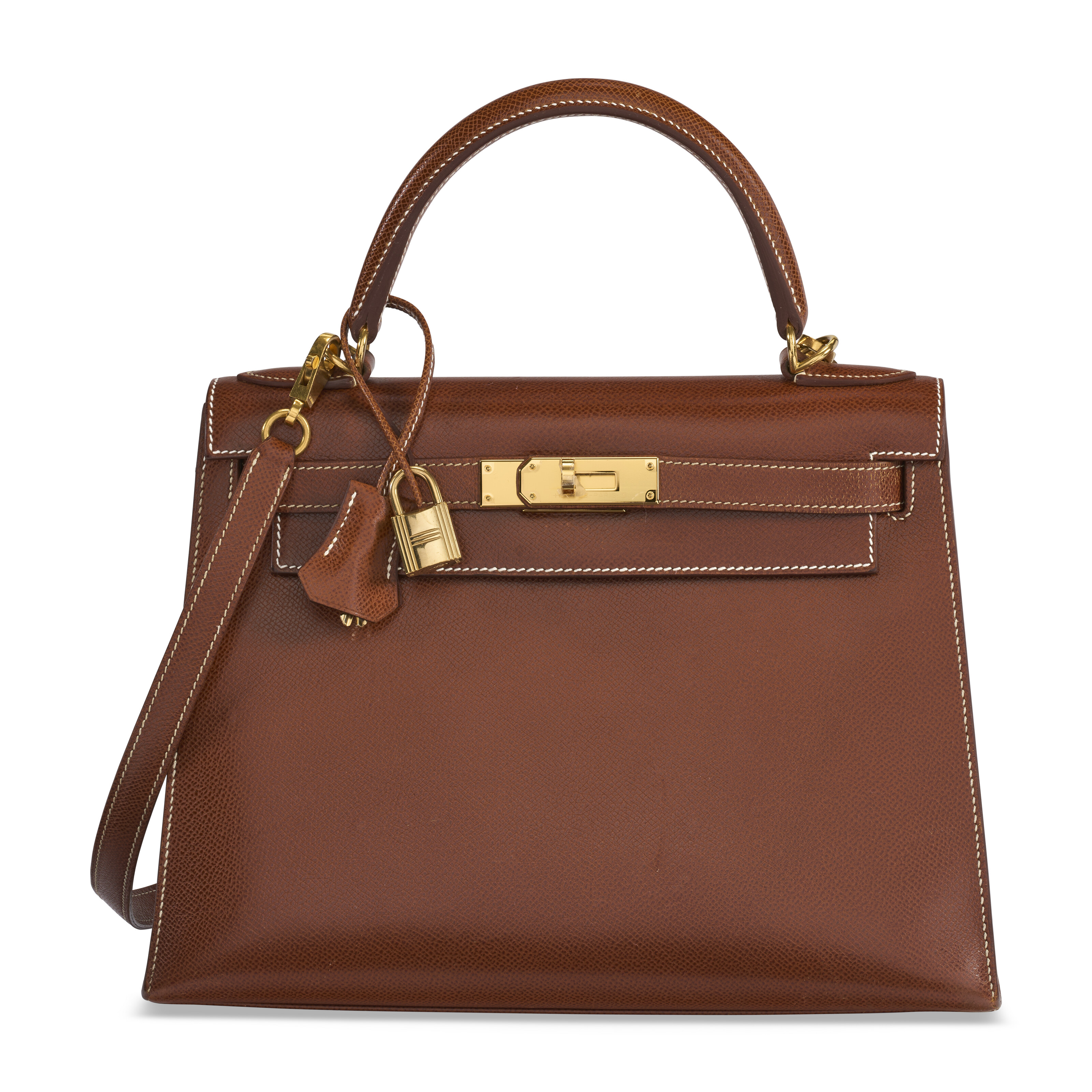 A NOISETTE VEAU GRAIN LISSE LEATHER SELLIER KELLY 28 WITH GOLD