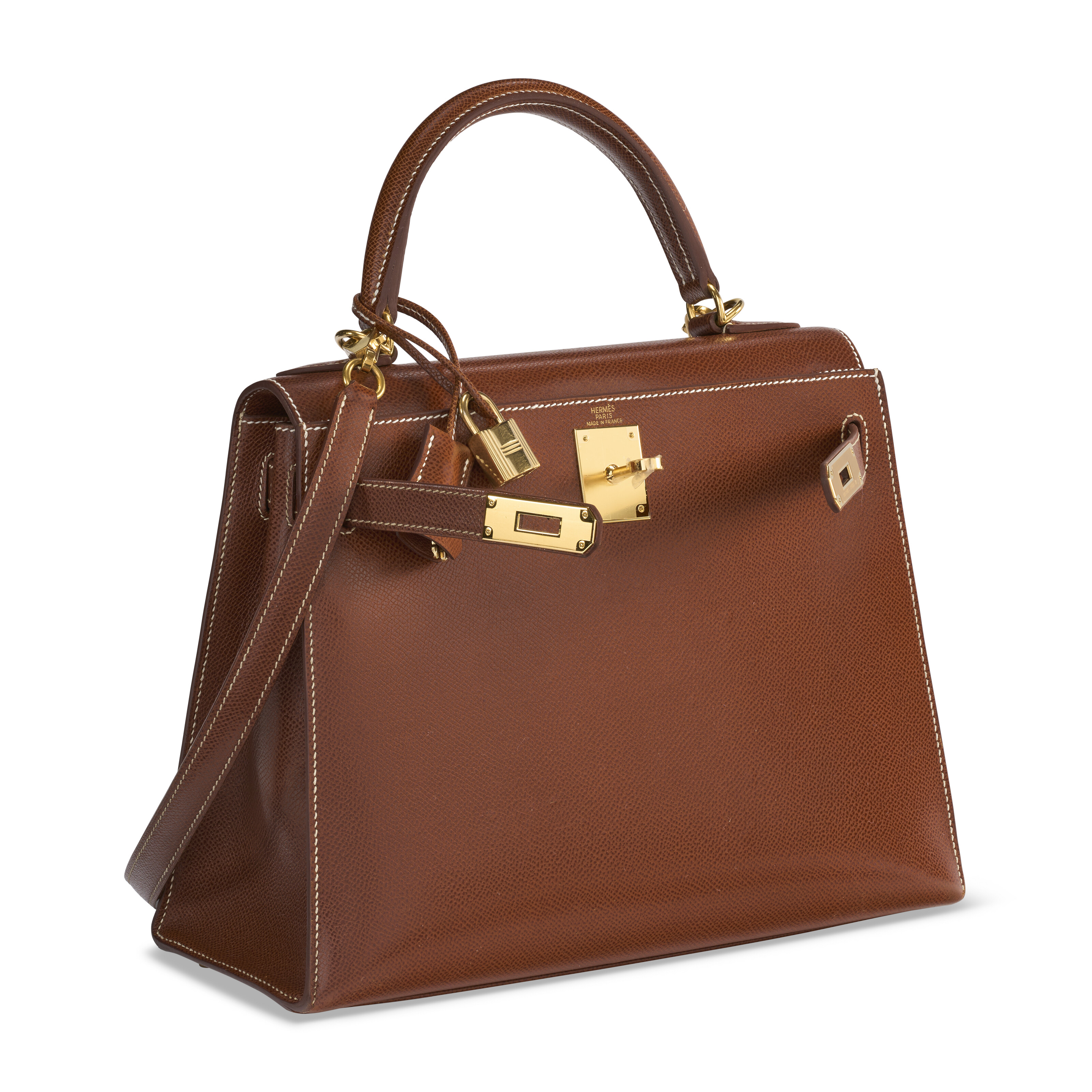 A NOISETTE VEAU GRAIN LISSE LEATHER SELLIER KELLY 28 WITH GOLD