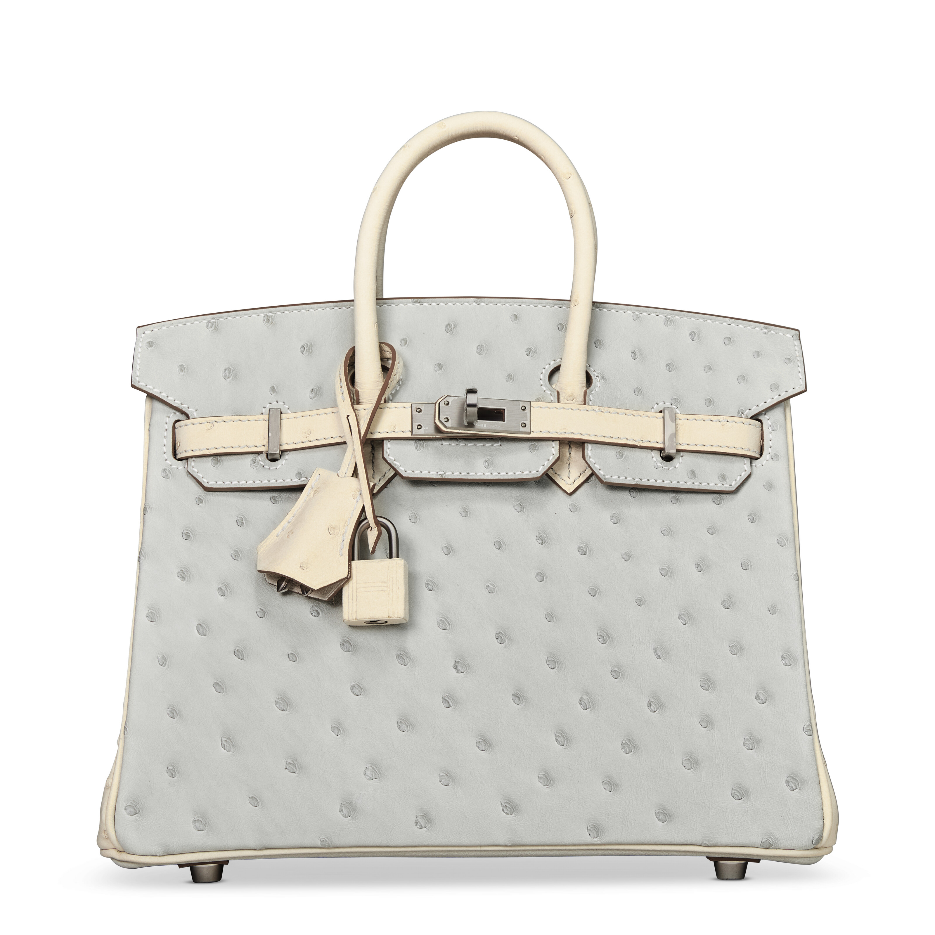 A CUSTOM GRIS PERLE AND BÉTON OSTRICH BIRKIN 25 WITH BRUSHED