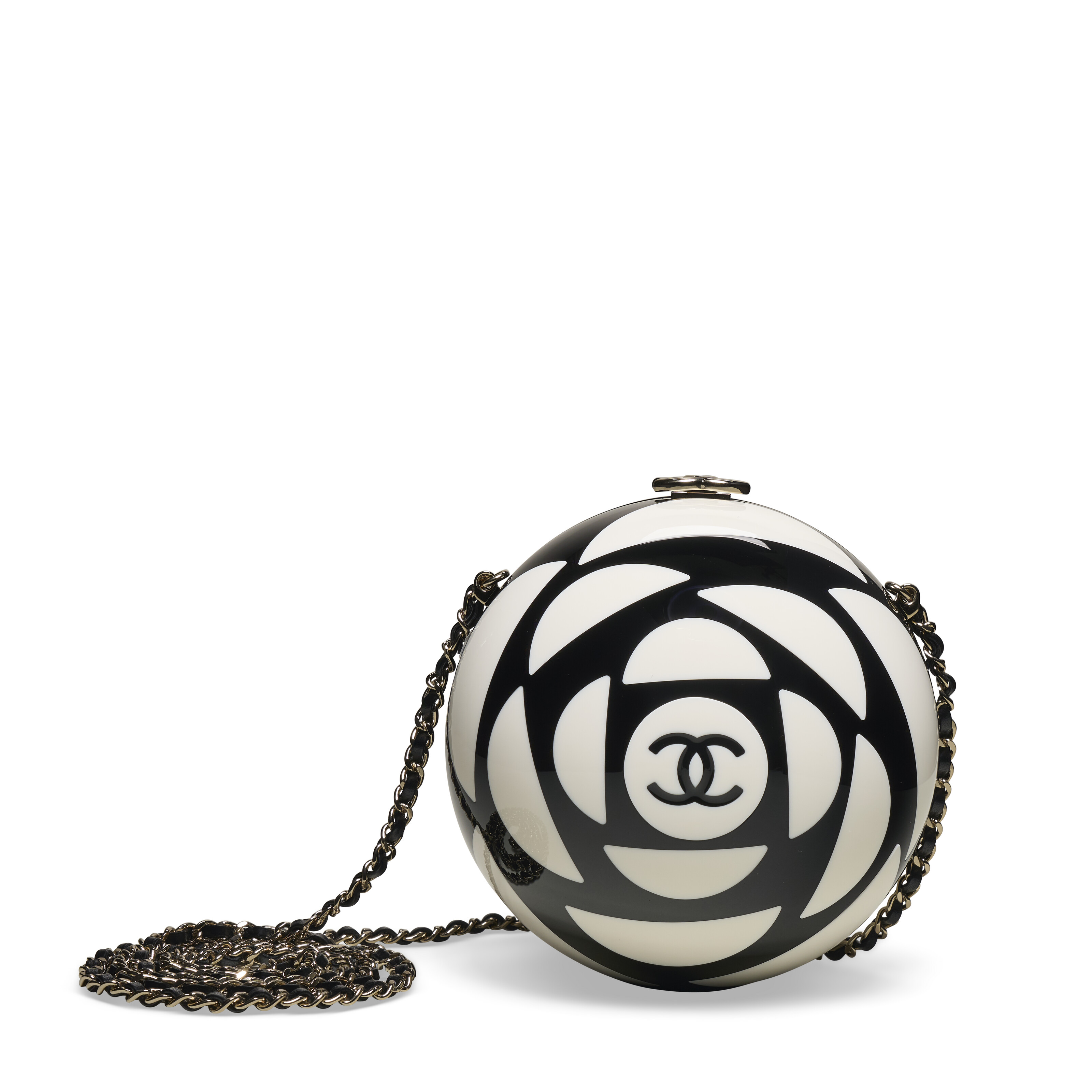 A RUNWAY, BLACK AND WHITE RESIN CAMELLIA SPHERE MINAUDIERE WITH  