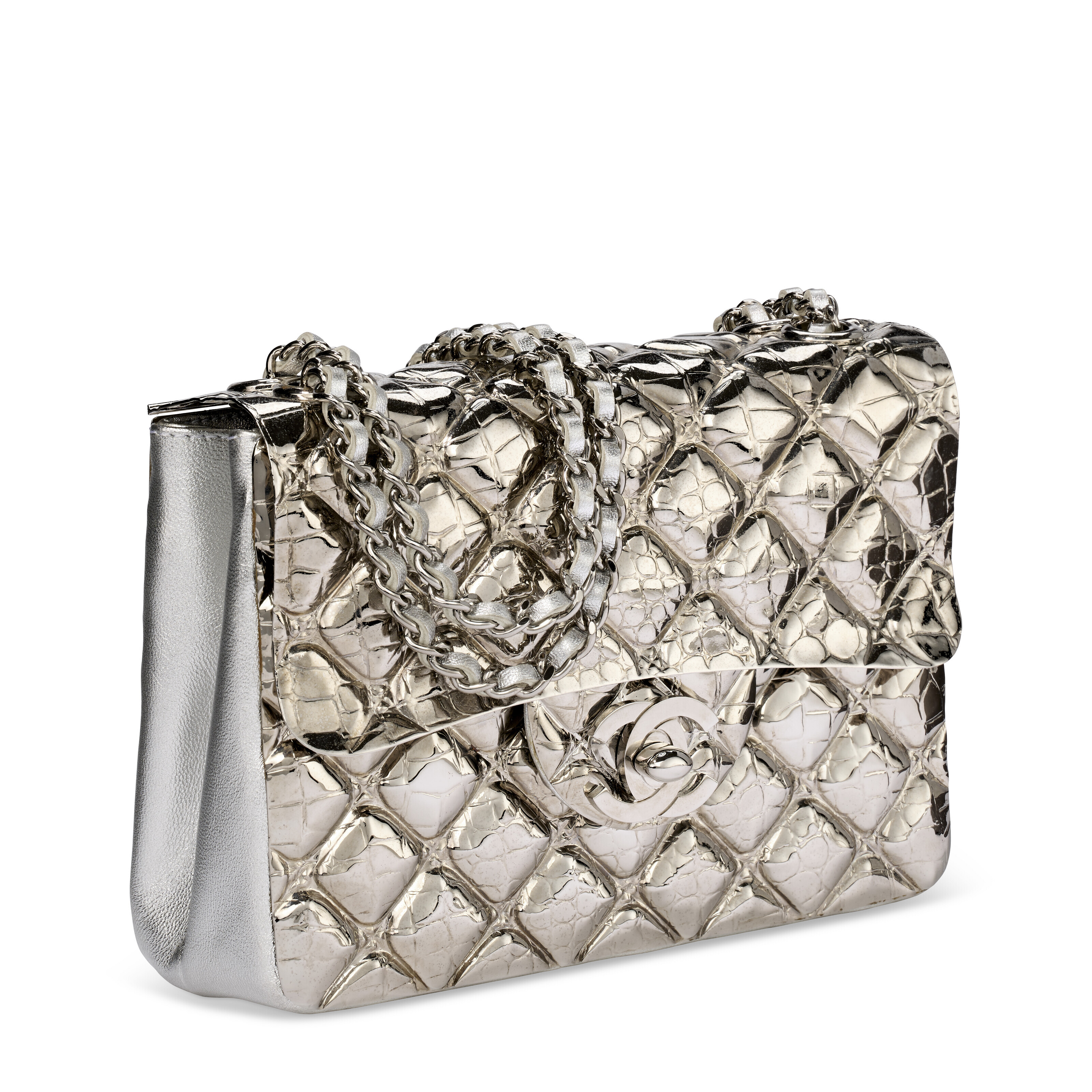 A RARE, METALLIC SILVER METAL AND LEATHER MINI SQUARE FLAP