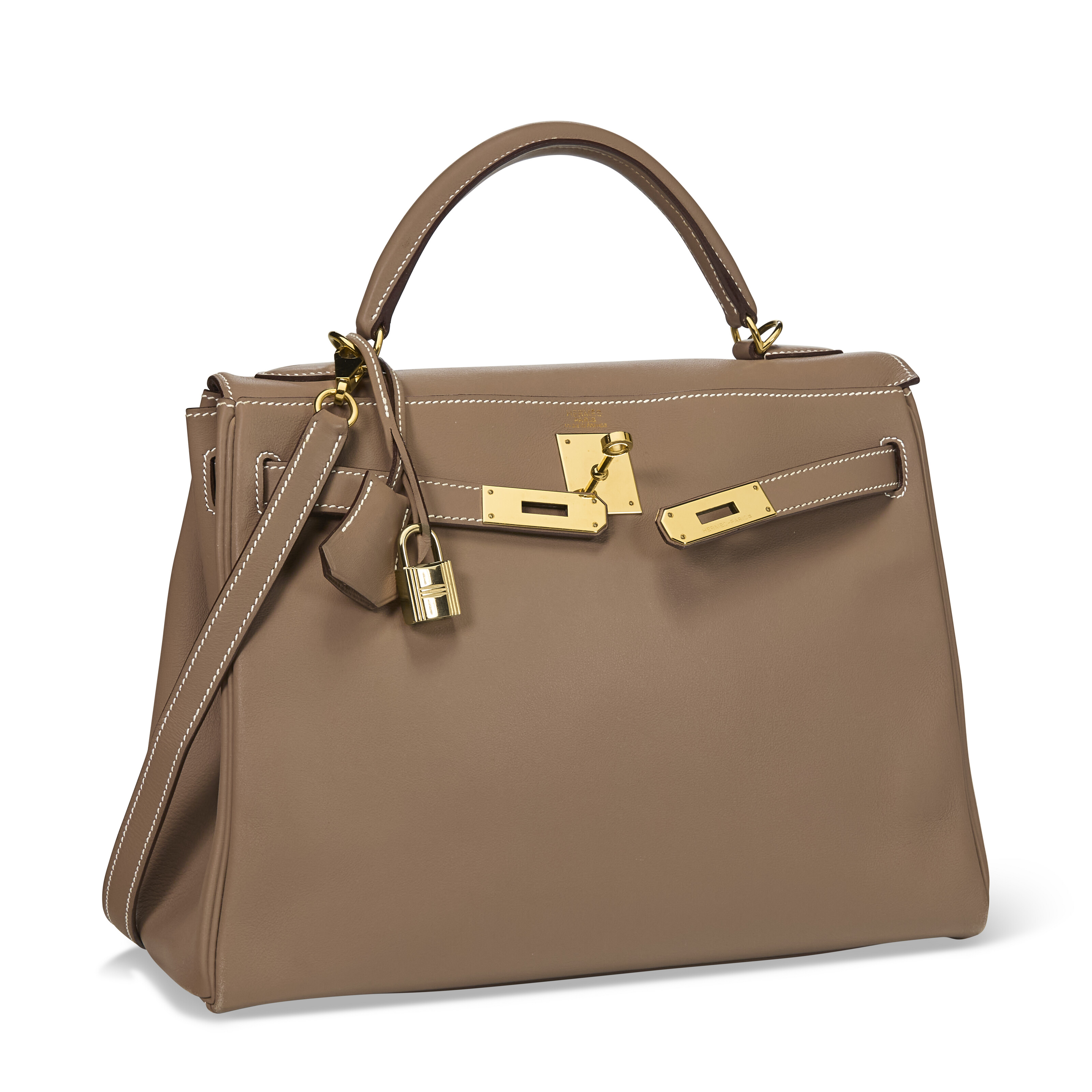 AN ÉTOUPE SWIFT LEATHER RETOURNÉ KELLY 32 WITH GOLD HARDWARE