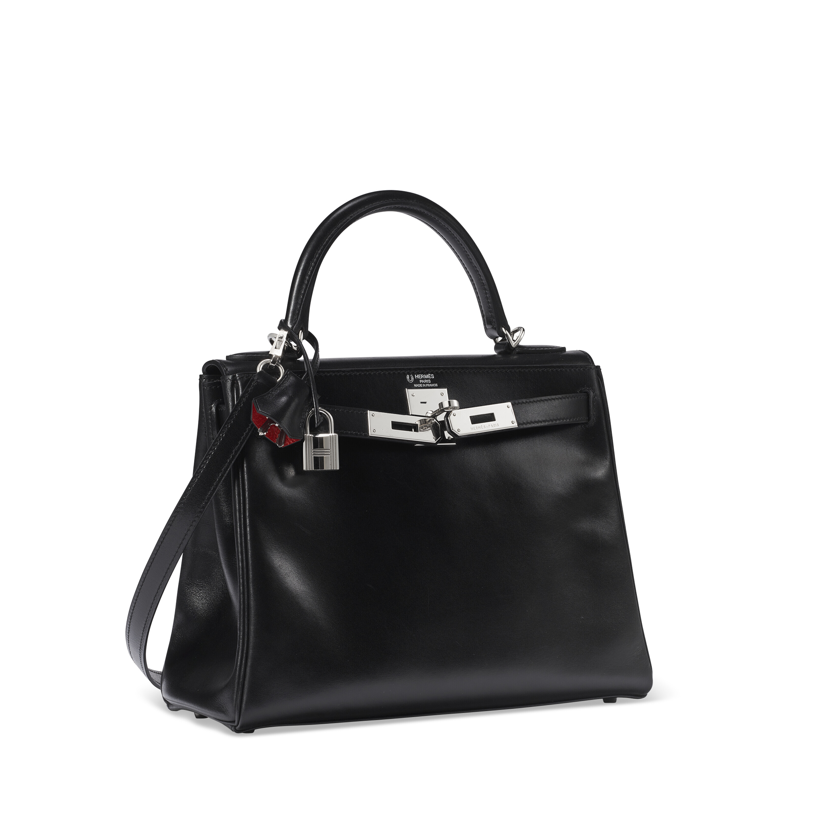 A CUSTOM BLACK & ROUGE VIF CALF BOX LEATHER RETOURNÉ KELLY 28 WITH