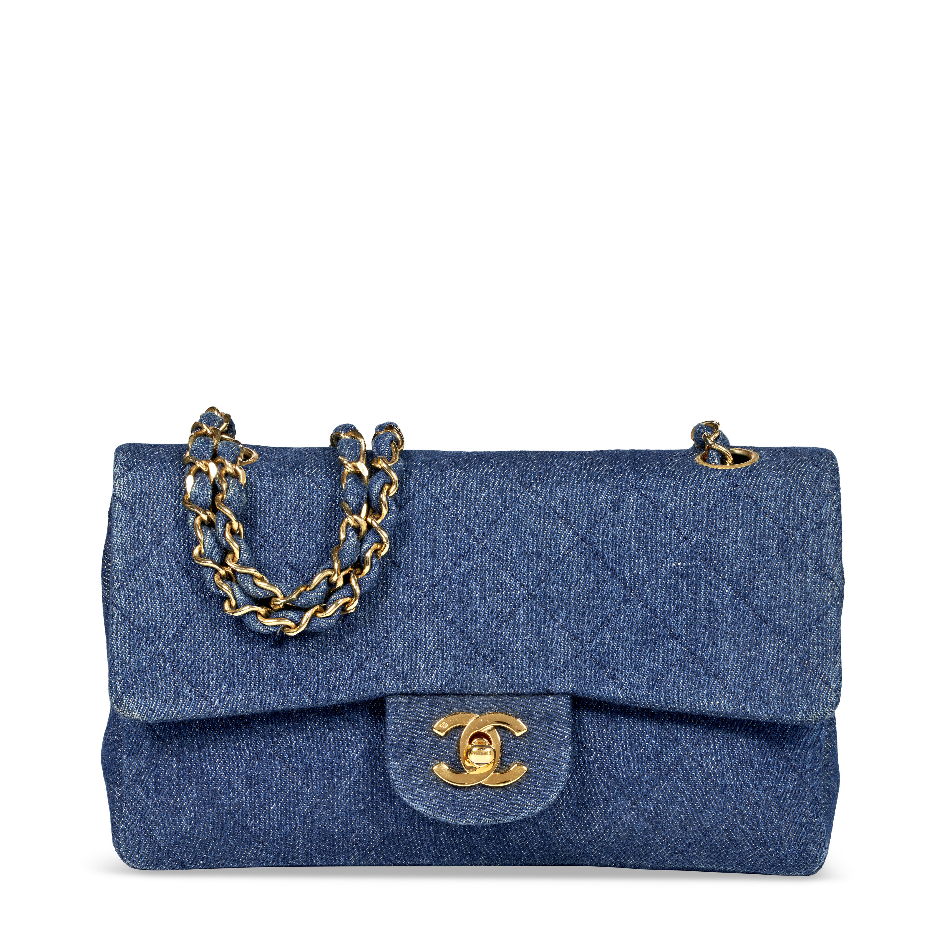 A BLUE QUILTED DENIM SMALL CLASSIC DOUBLE FLAP BAG WITH GOLD