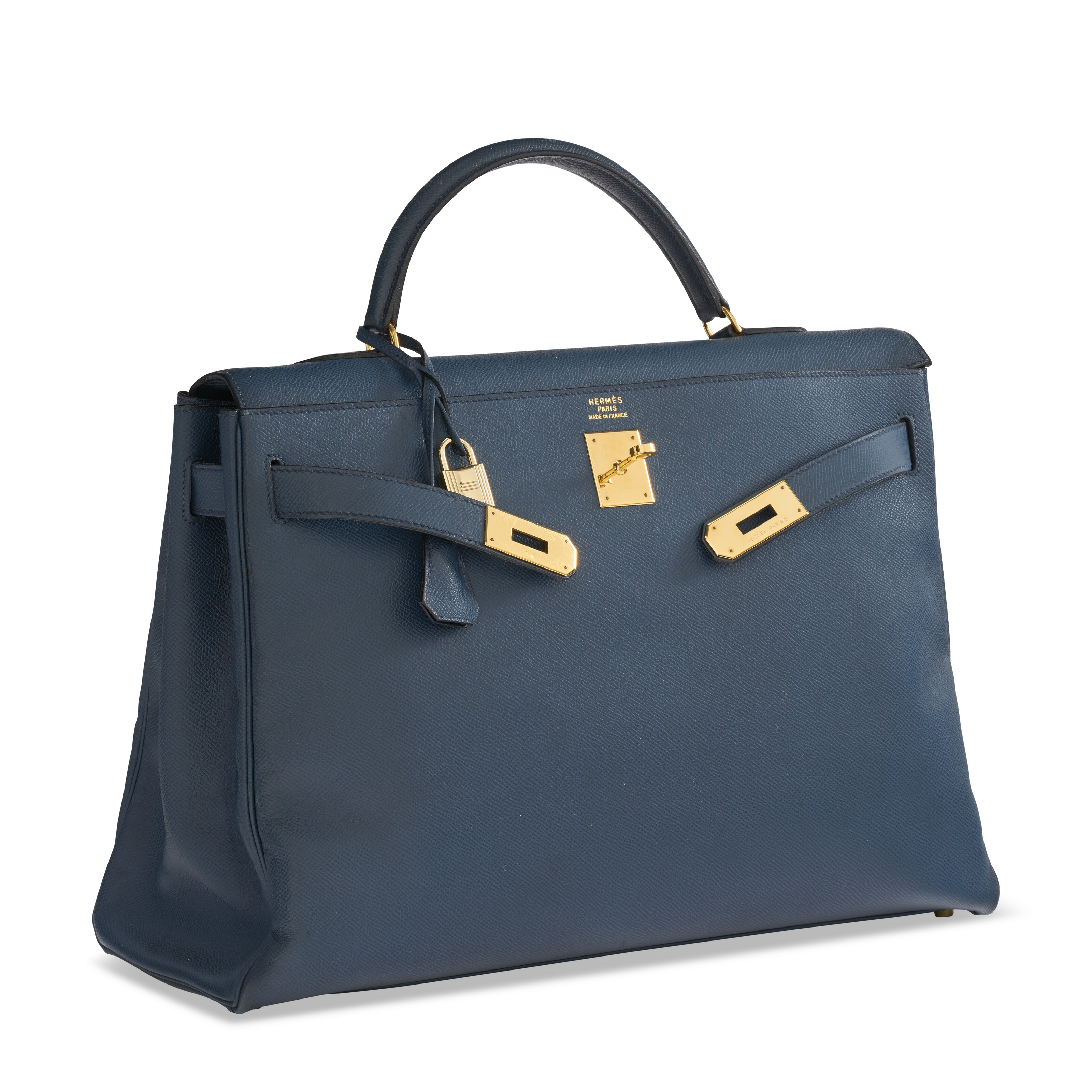 A BLEU MARINE COURCHEVEL LEATHER RETOURNÉ KELLY 40 WITH GOLD