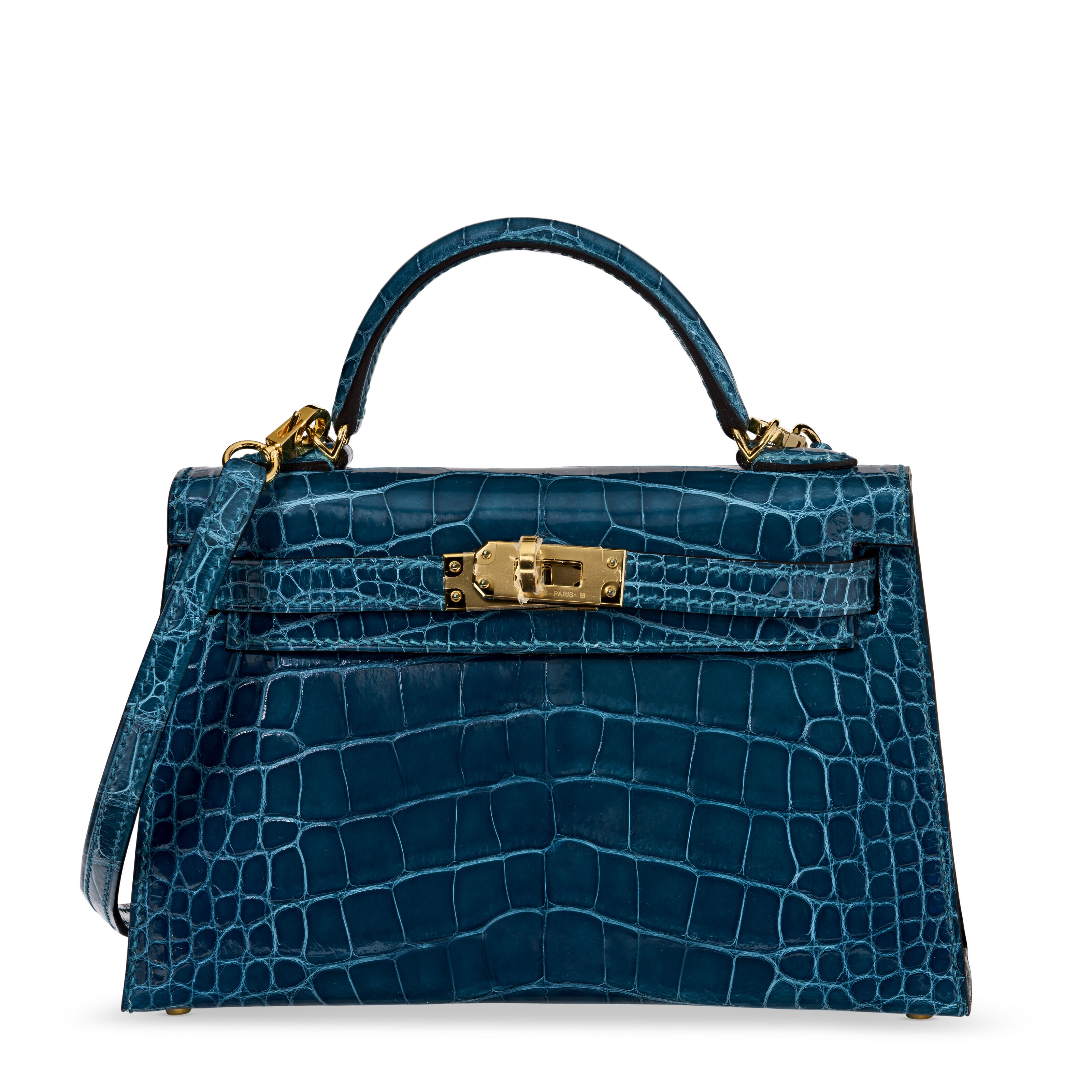 A SHINY VERT BOSPHORE ALLIGATOR MINI KELLY 20 II WITH GOLD