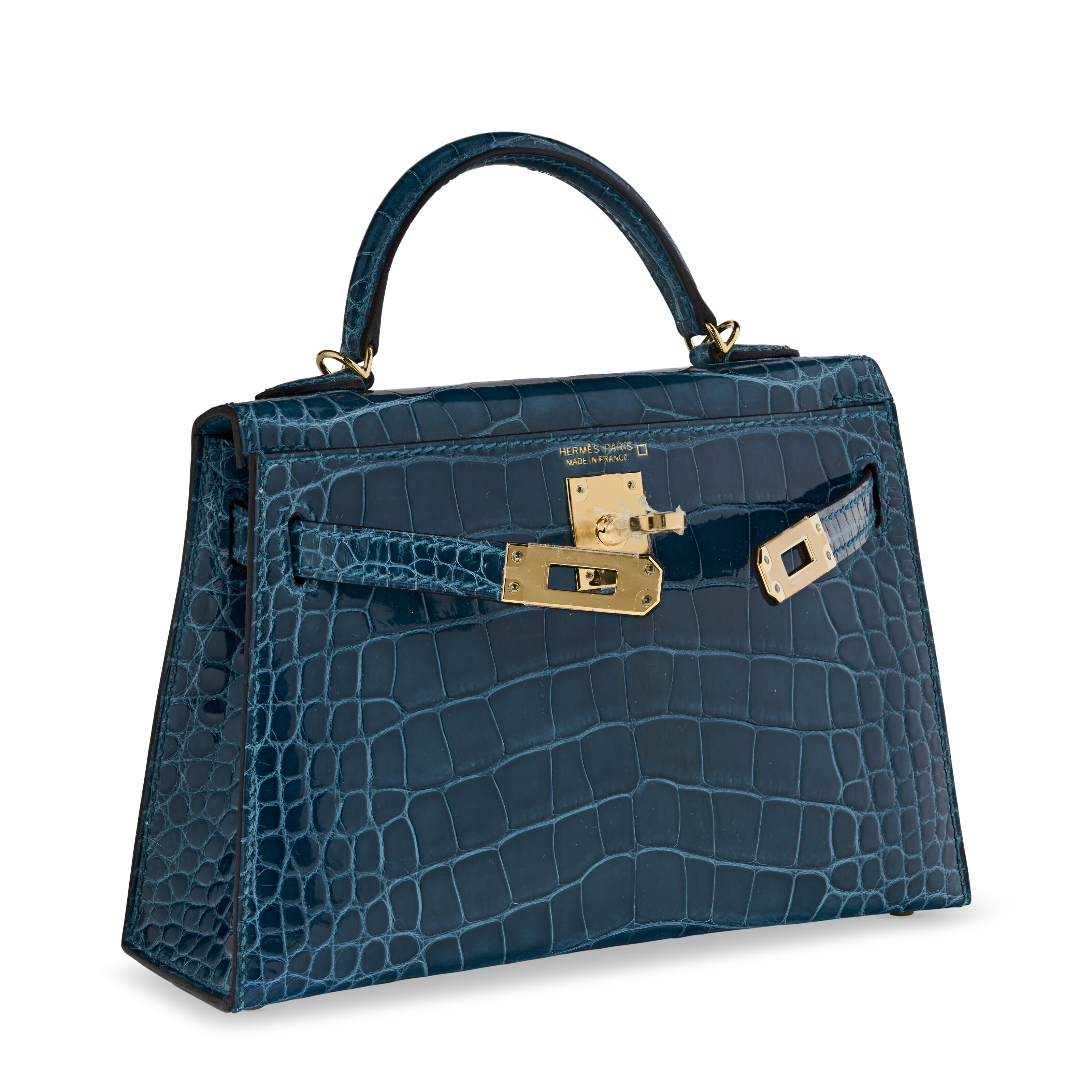 A SHINY VERT BOSPHORE ALLIGATOR MINI KELLY 20 II WITH GOLD