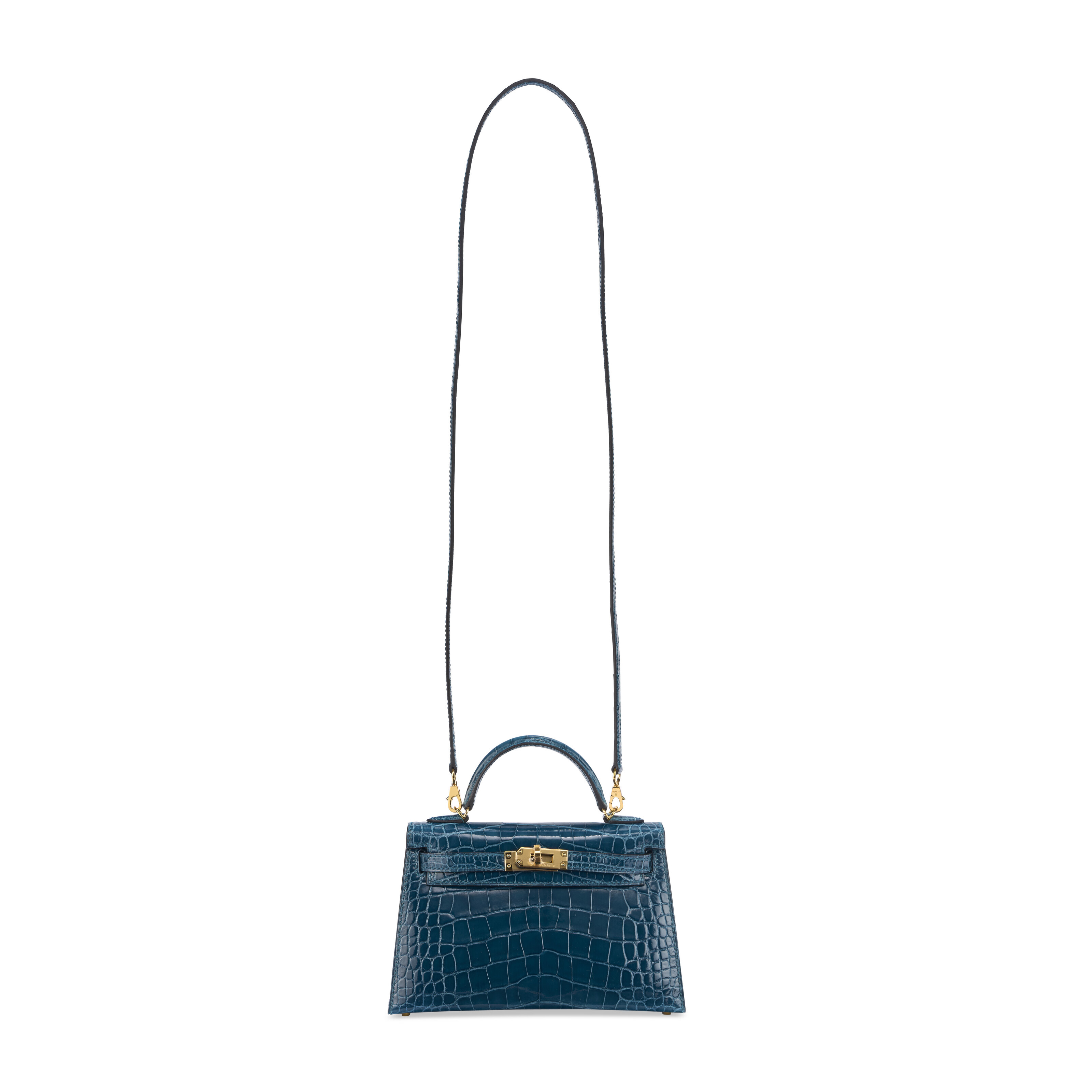 A SHINY VERT BOSPHORE ALLIGATOR MINI KELLY 20 II WITH GOLD