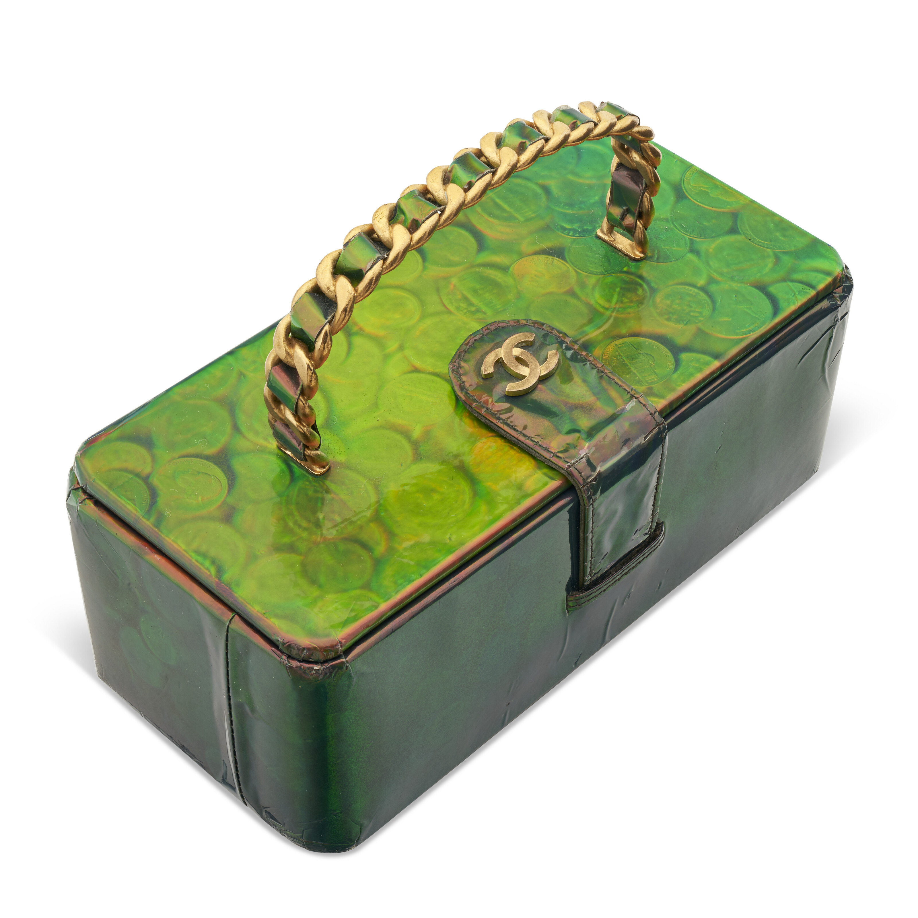 A RARE, MULTICOLOR HOLOGRAPHIC VINYL COIN VANITY BAG WITH GOLD