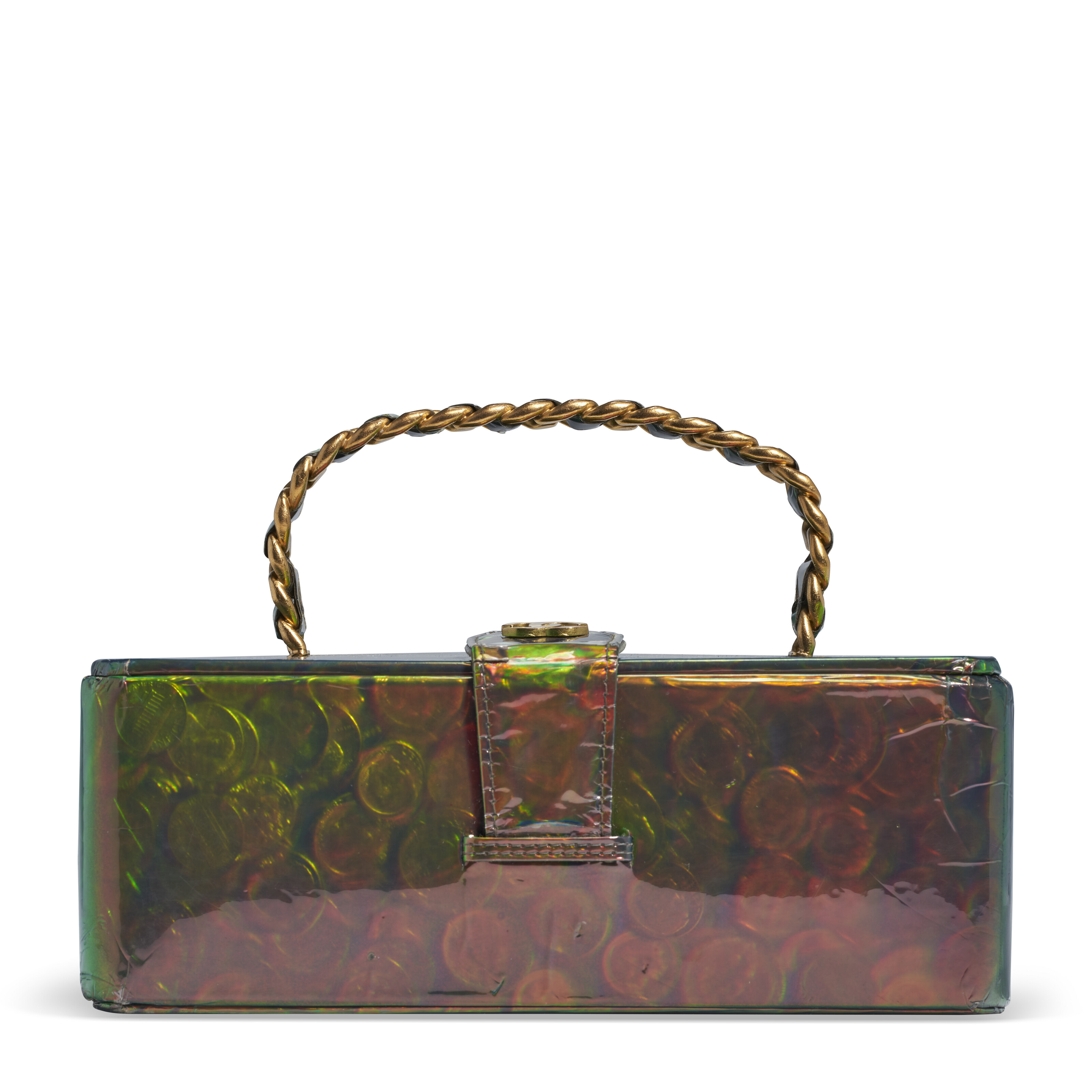A RARE, MULTICOLOR HOLOGRAPHIC VINYL COIN VANITY BAG WITH GOLD