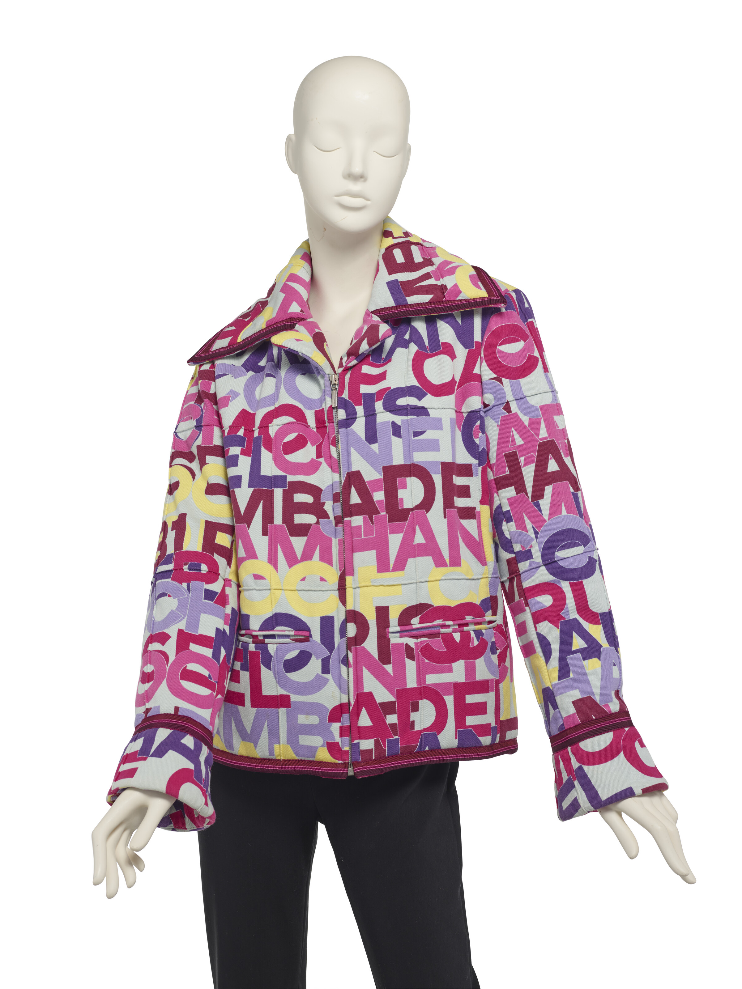 A PINK & MULTICOLOR CHANEL 'IDENTIFICATION' LOGO PUFFER JACKET