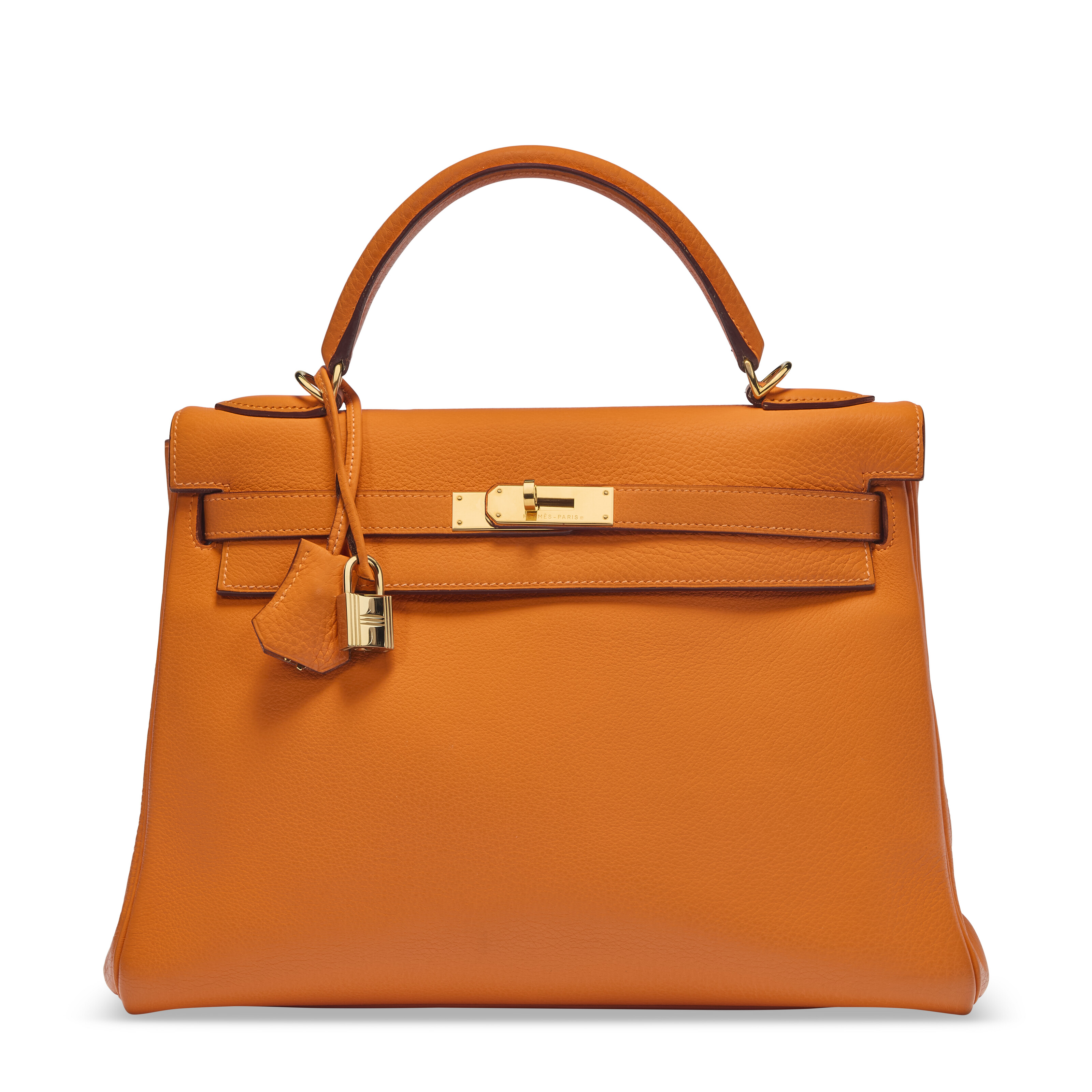 AN ORANGE H EVERCALF LEATHER RETOURNÉ KELLY 32 WITH GOLD HARDWARE