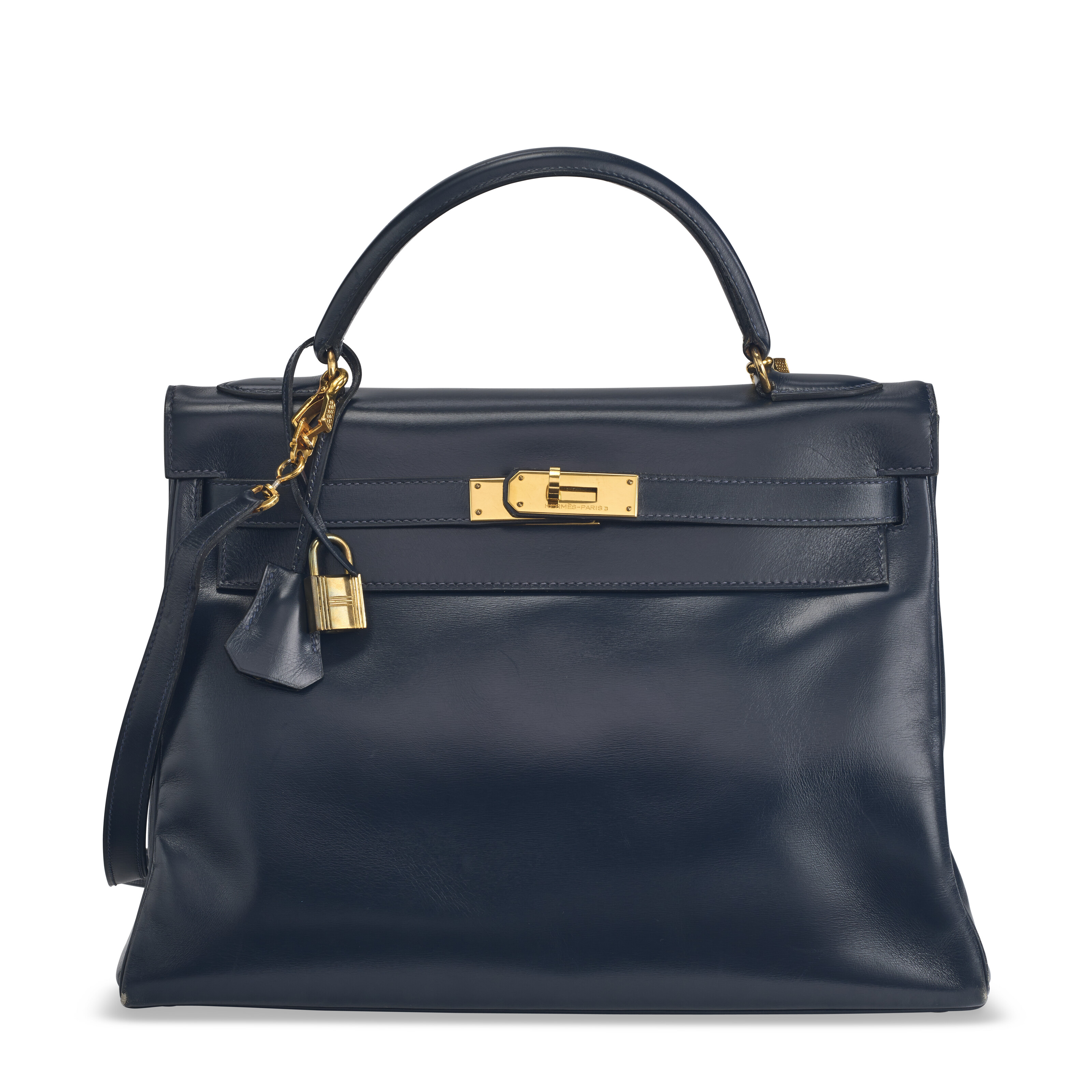 A BLEU MARINE CALF BOX LEATHER RETOURNÉ KELLY 32 WITH GOLD