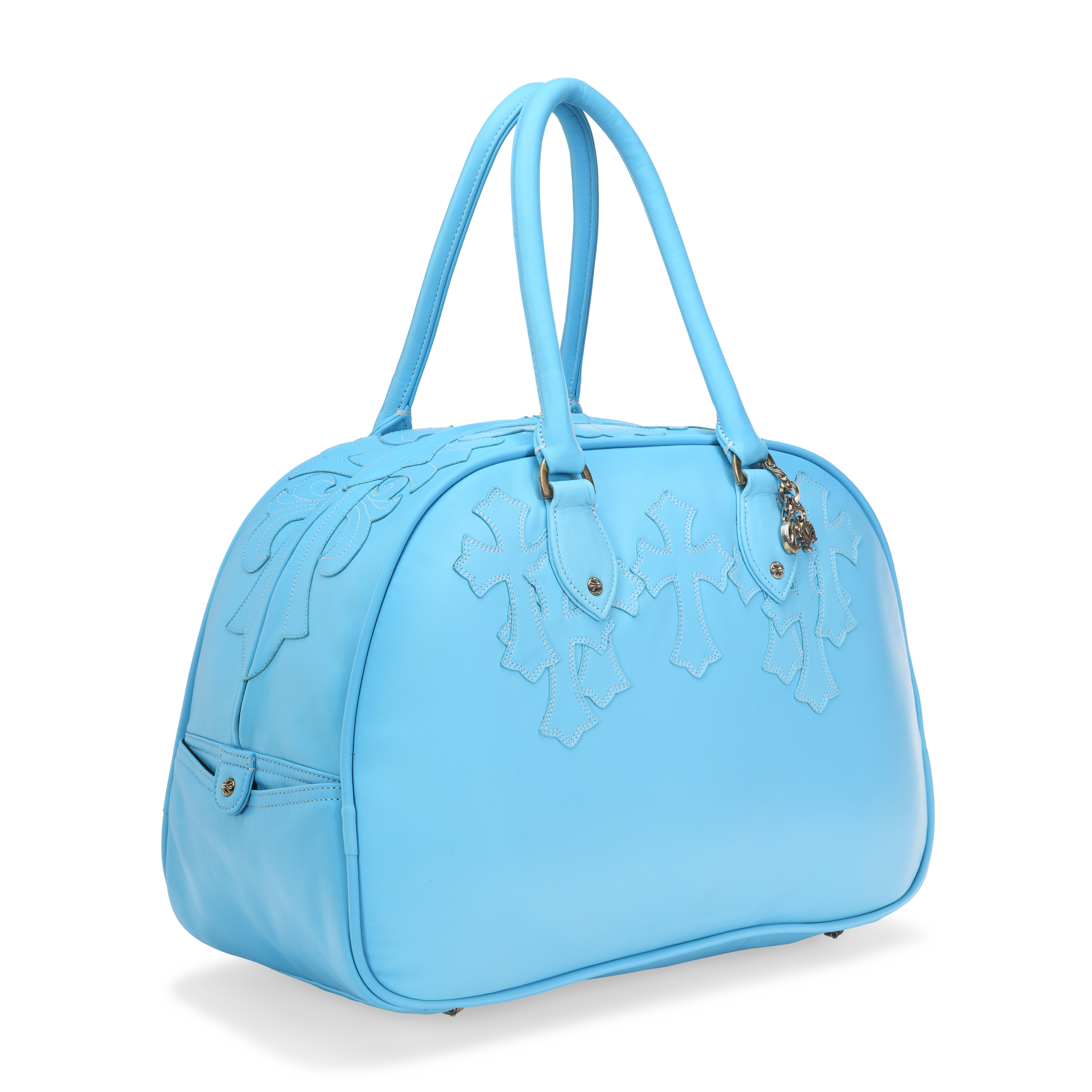 A BLUE CALFSKIN LEATHER FLEUR CROSS PATCH BOWLING BAG WITH