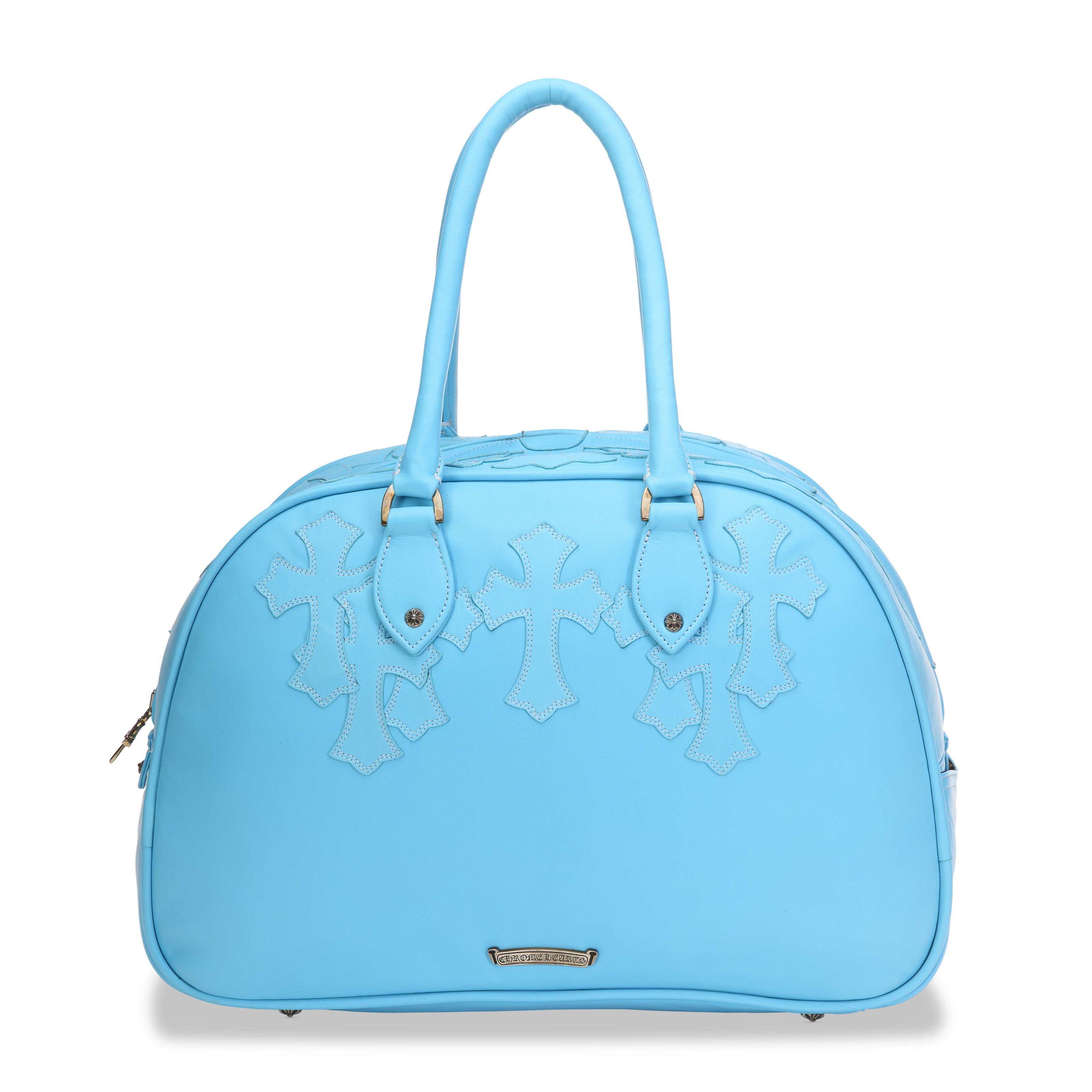 A BLUE CALFSKIN LEATHER FLEUR CROSS PATCH BOWLING BAG WITH 