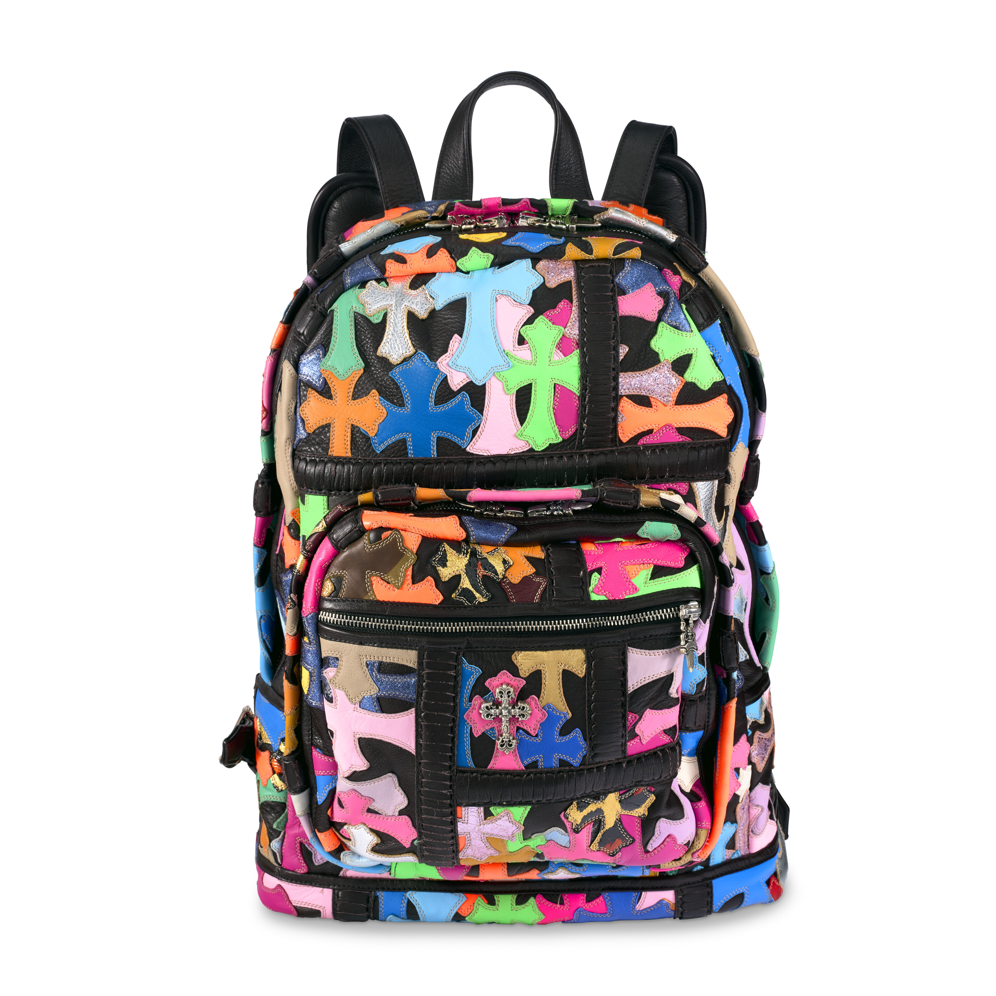 A BLACK & MULTICOLOR CROSS PATCH BACKPACK WITH STERLING