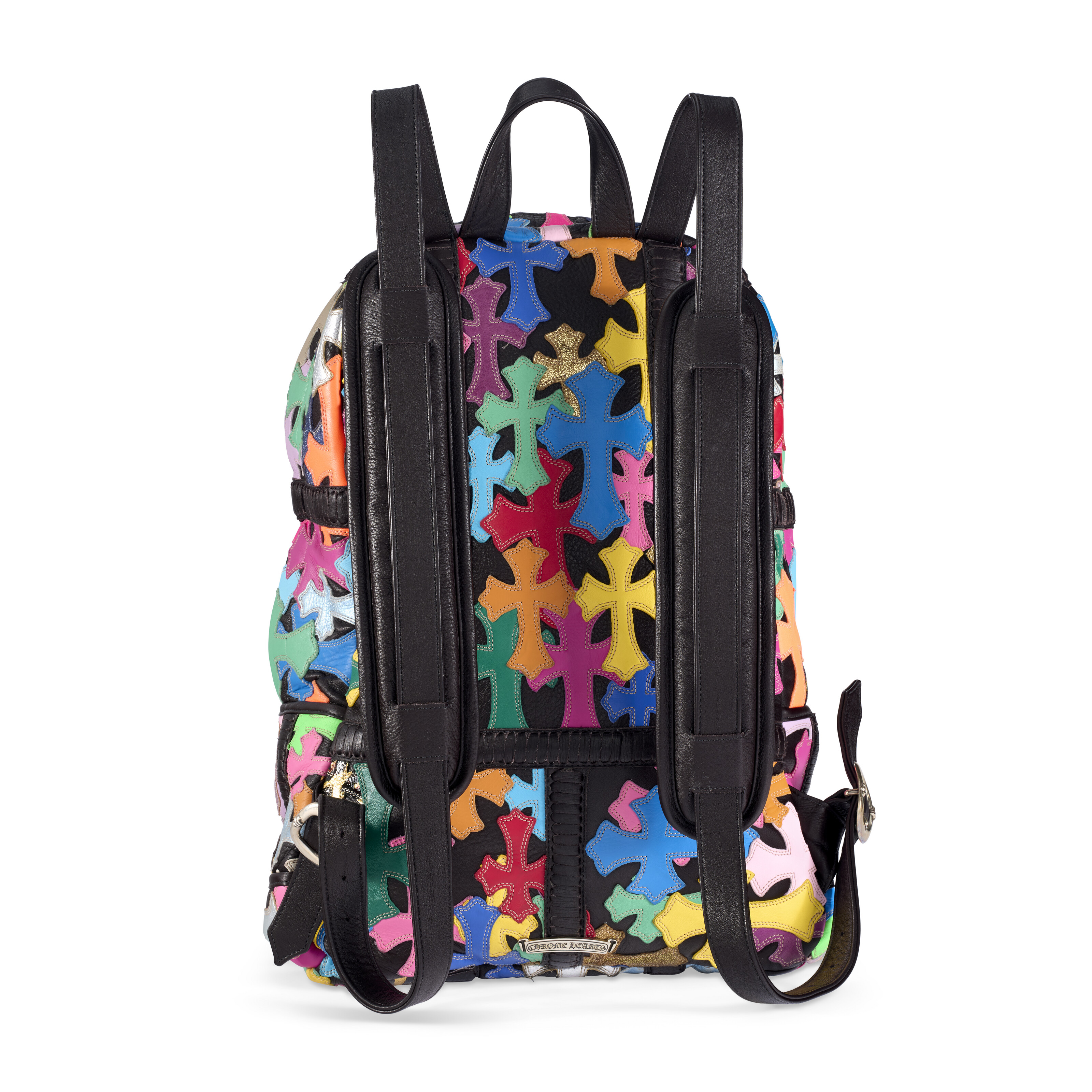A BLACK & MULTICOLOR CROSS PATCH BACKPACK WITH STERLING
