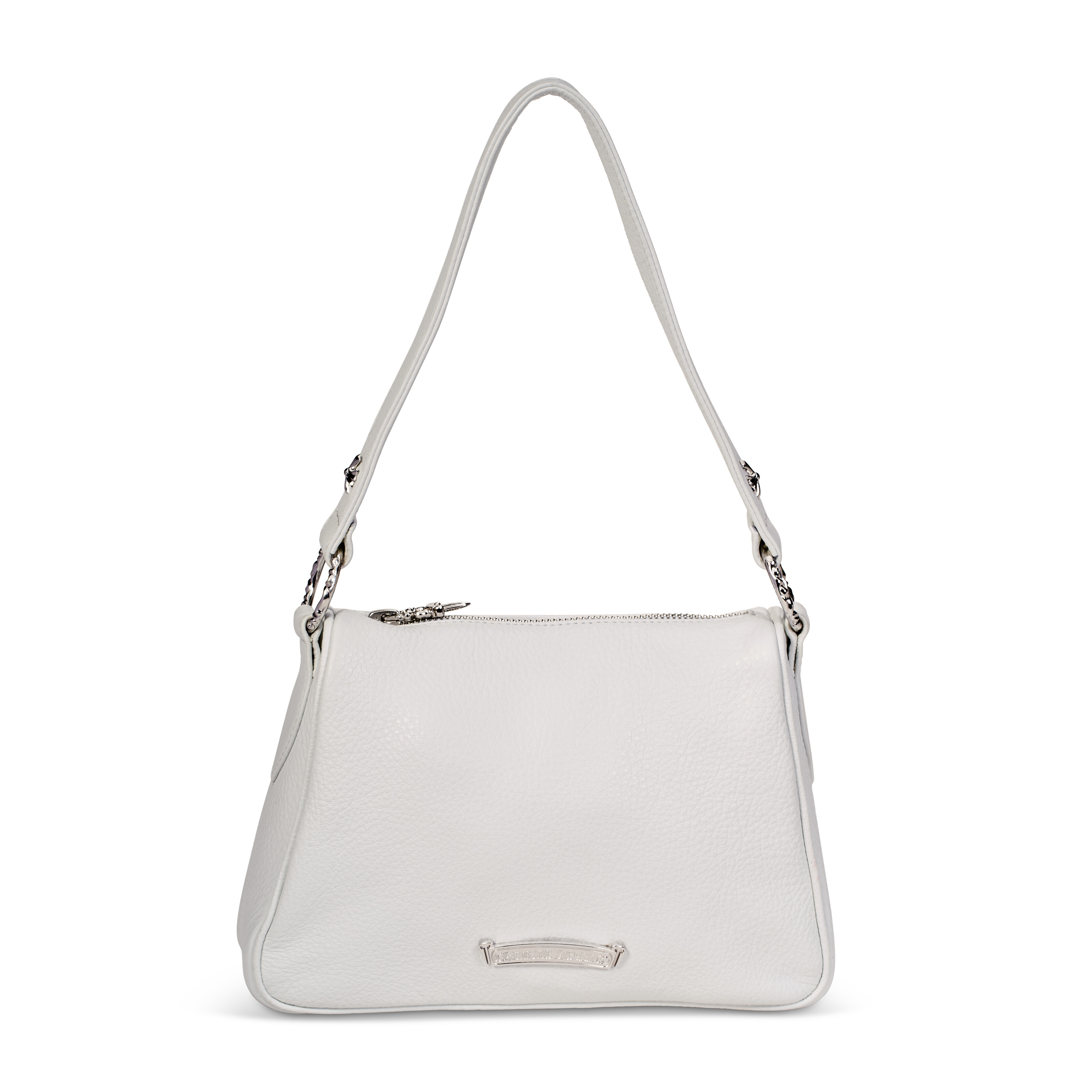 A WHITE PEBBLED LEATHER CHICKEN NUGGET BAG WITH STERLING SILVER 