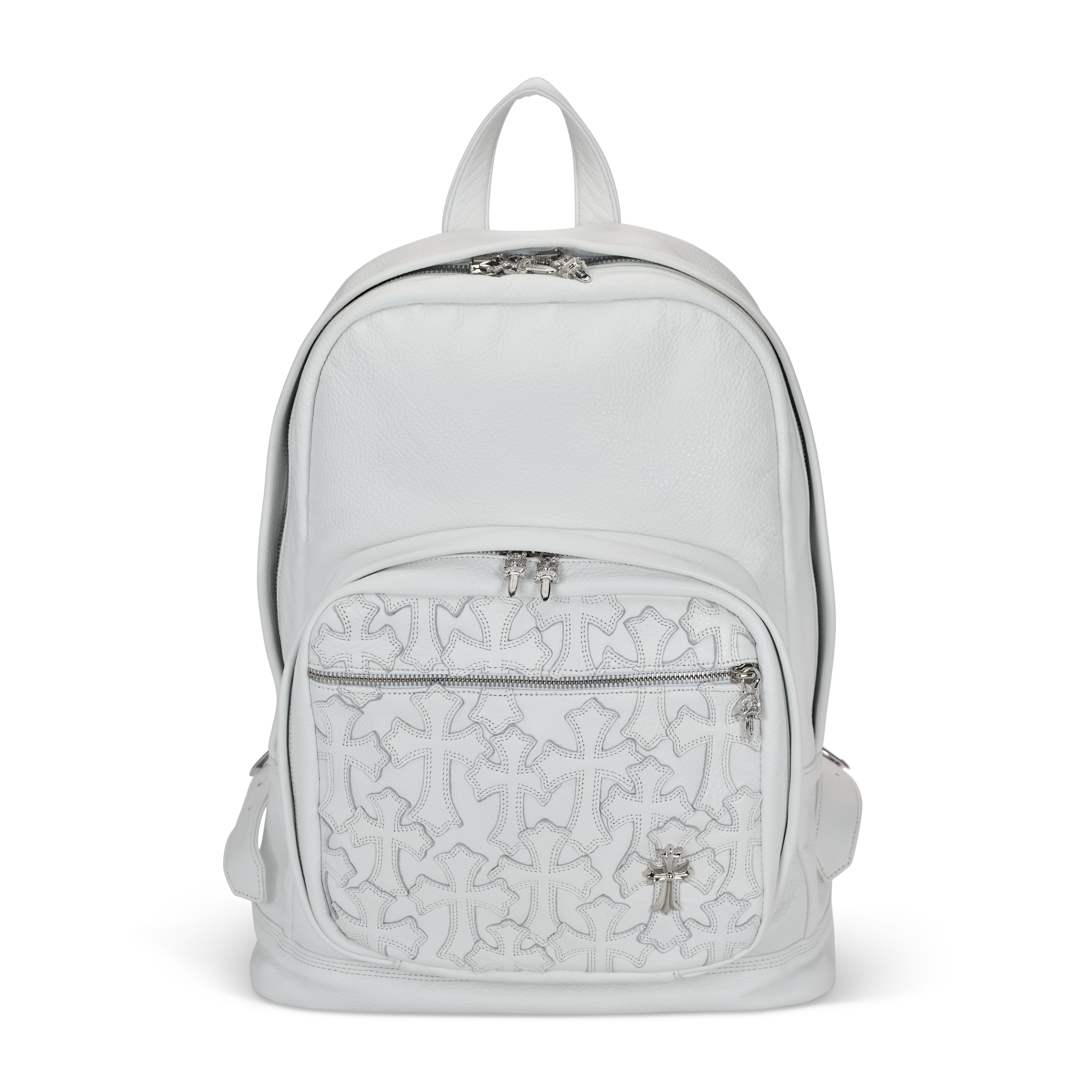 A WHITE PEBBLED LEATHER CROSS PATCH BACKPACK WITH STERLING SILVER HARDWARE
