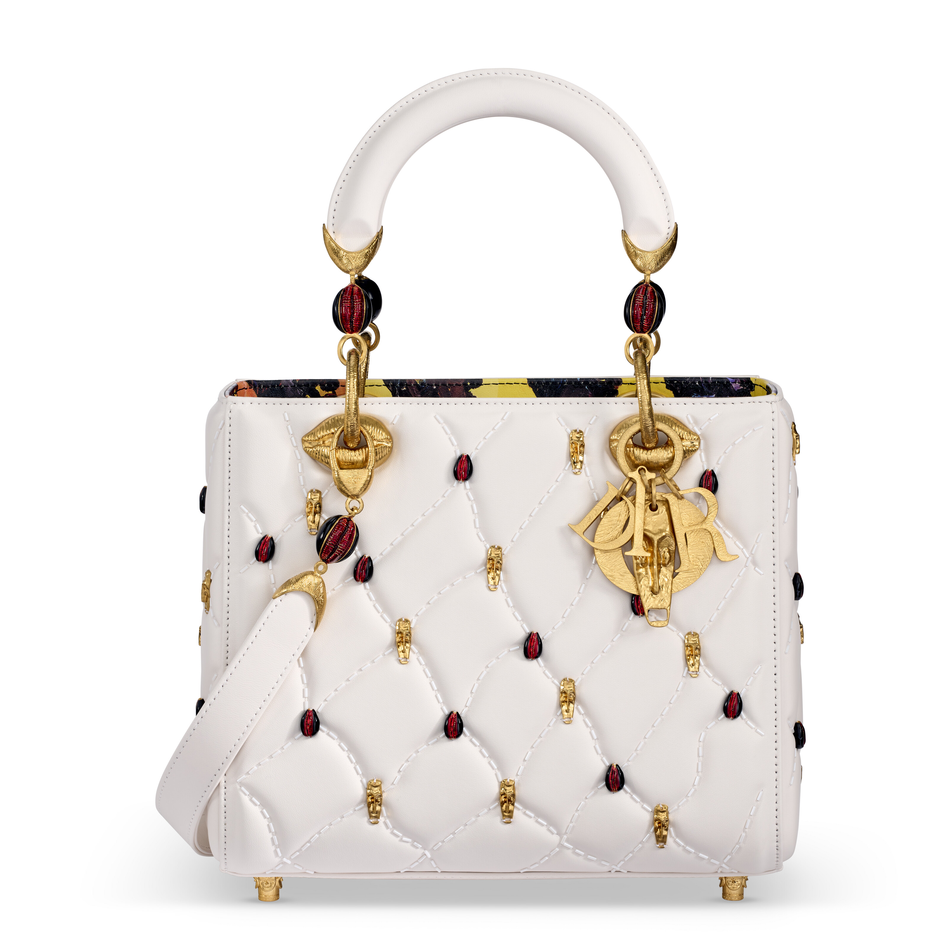 A LIMITED EDITION WHITE EMBROIDERED CALFSKIN LEATHER LADY ART 8 MEDIUM LADY DIOR BAG WITH GOLD HARDWARE BY LUDOVIC NKOTH