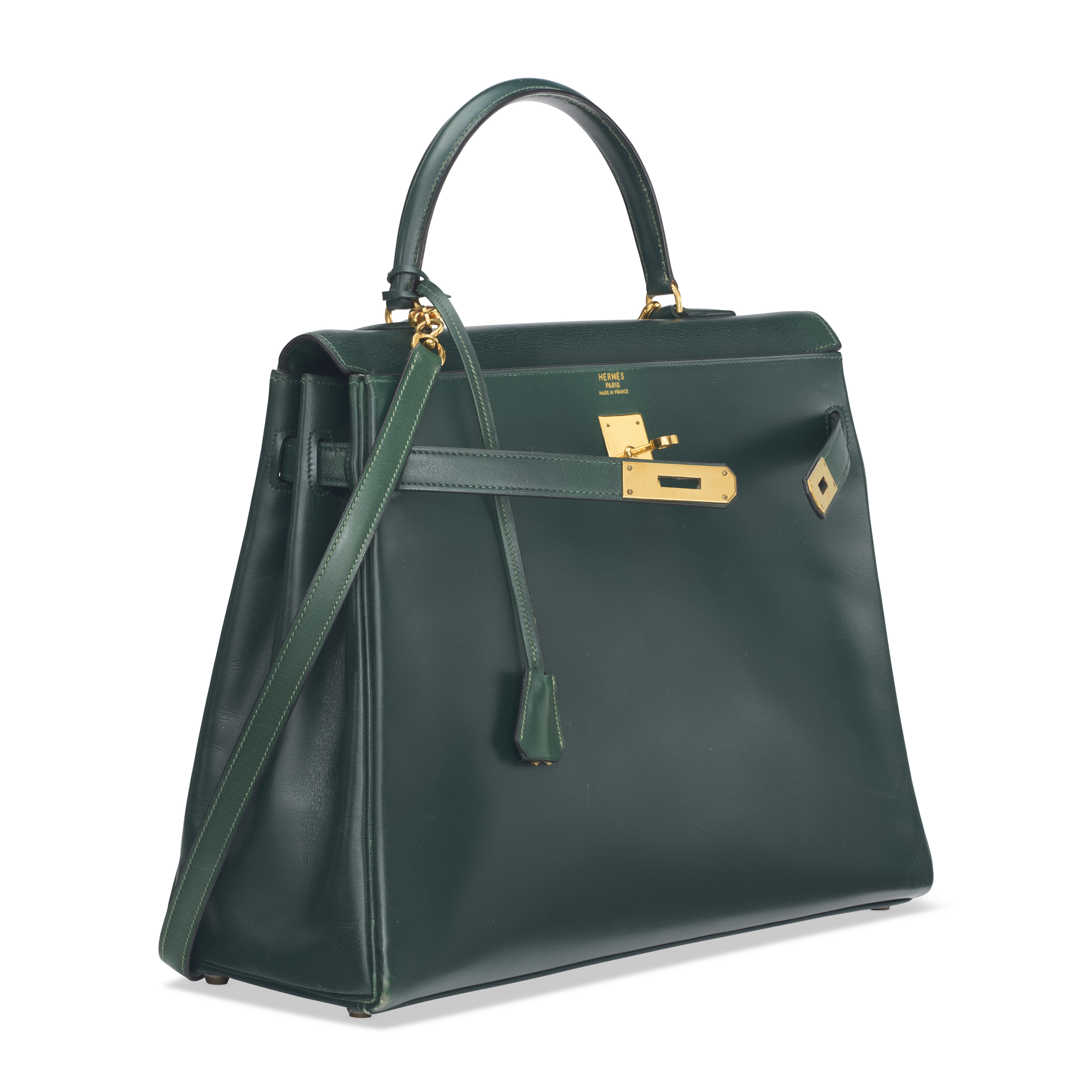 A VERT FONCE CALF BOX LEATHER RETOURNÉ KELLY 35 WITH GOLD HARDWARE 