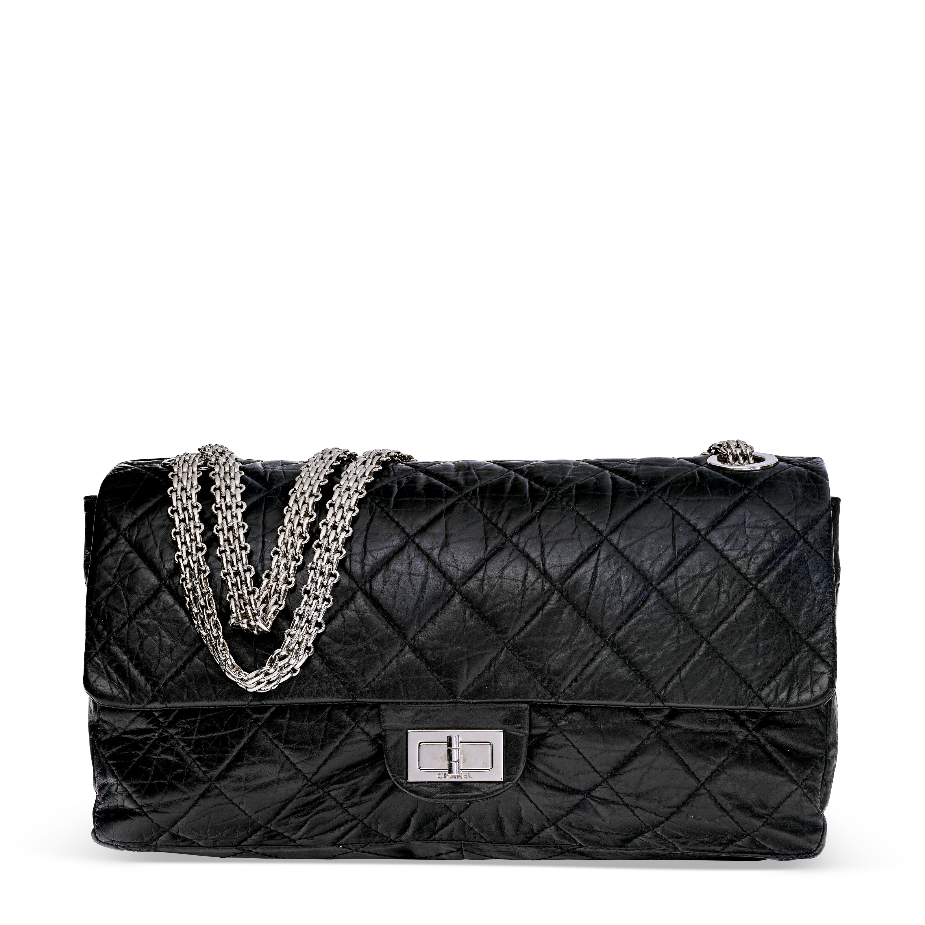 A LIMITED EDITION BLACK AGED LAMBSKIN LEATHER MOBILE ART HONG KONG 2.55 REISSUE 228 DOUBLE FLAP BAG WITH SILVER HARDWARE