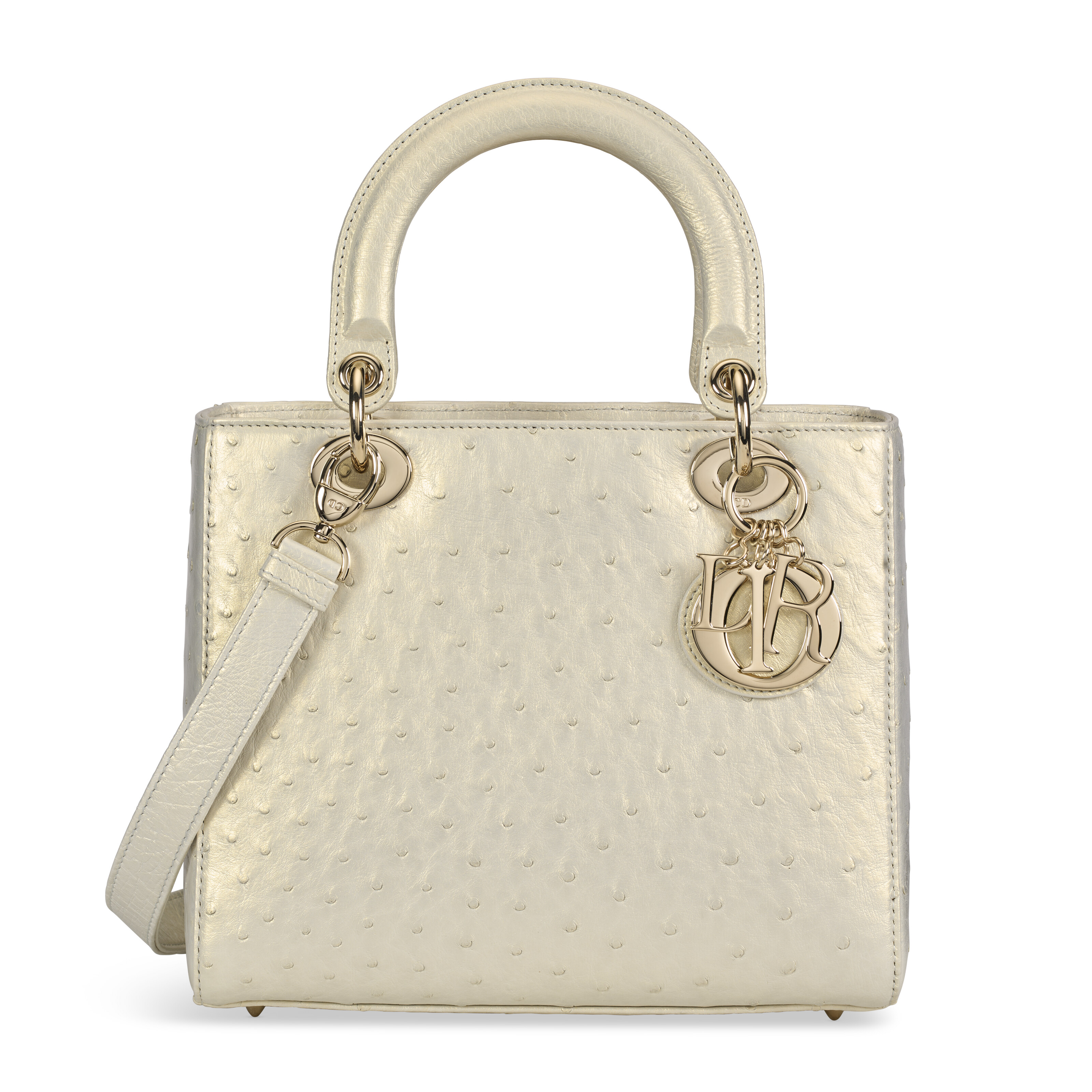 AN IRIDESCENT LATTE OSTRICH MEDIUM LADY DIOR WITH LIGHT GOLD HARDWARE