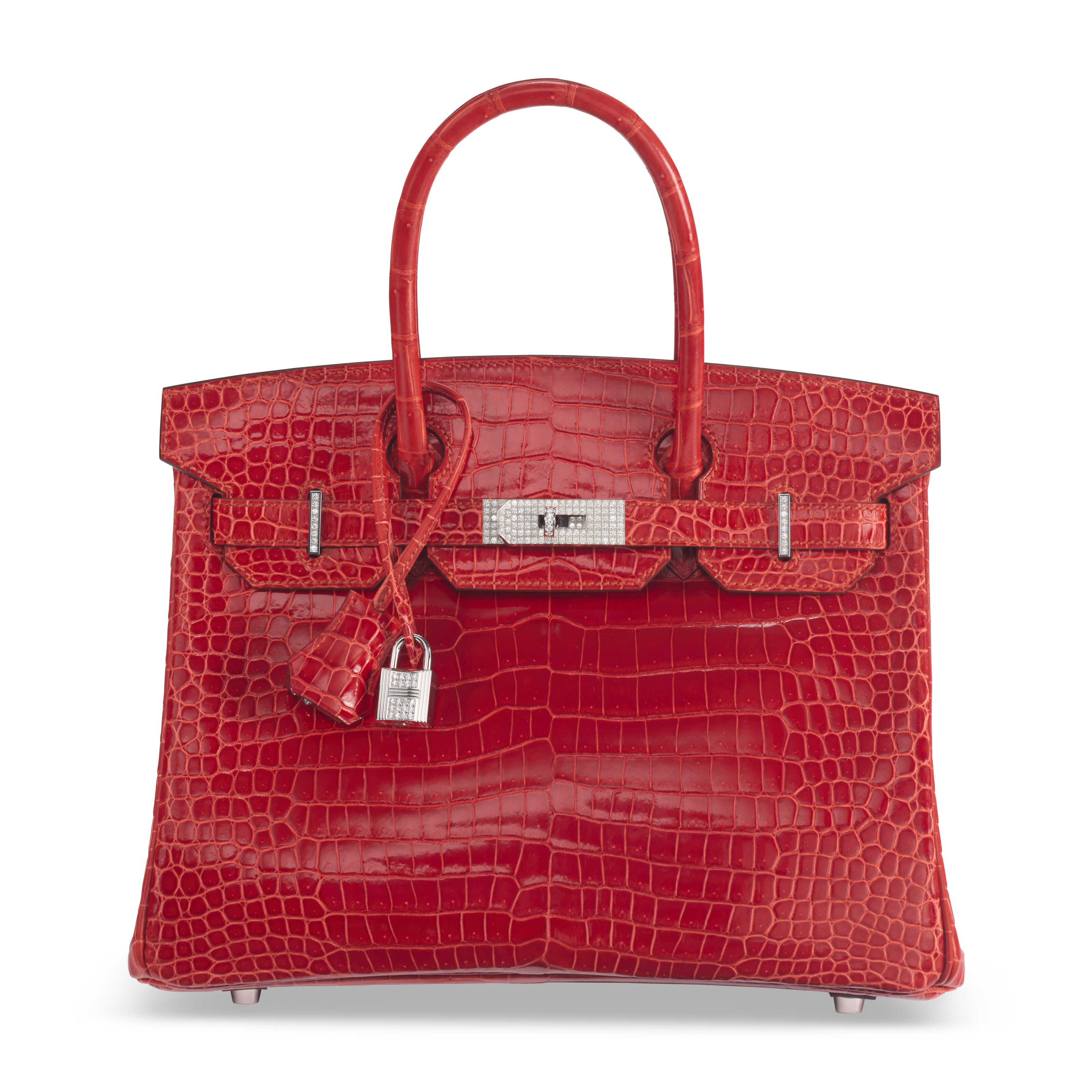 An Exceptional shiny sanguine porosus crocodile Birkin 30 with 18k white gold and diamond hardware, Hermes, 2020, sold for $126,000 on 11 December 2024 at Christie's Online