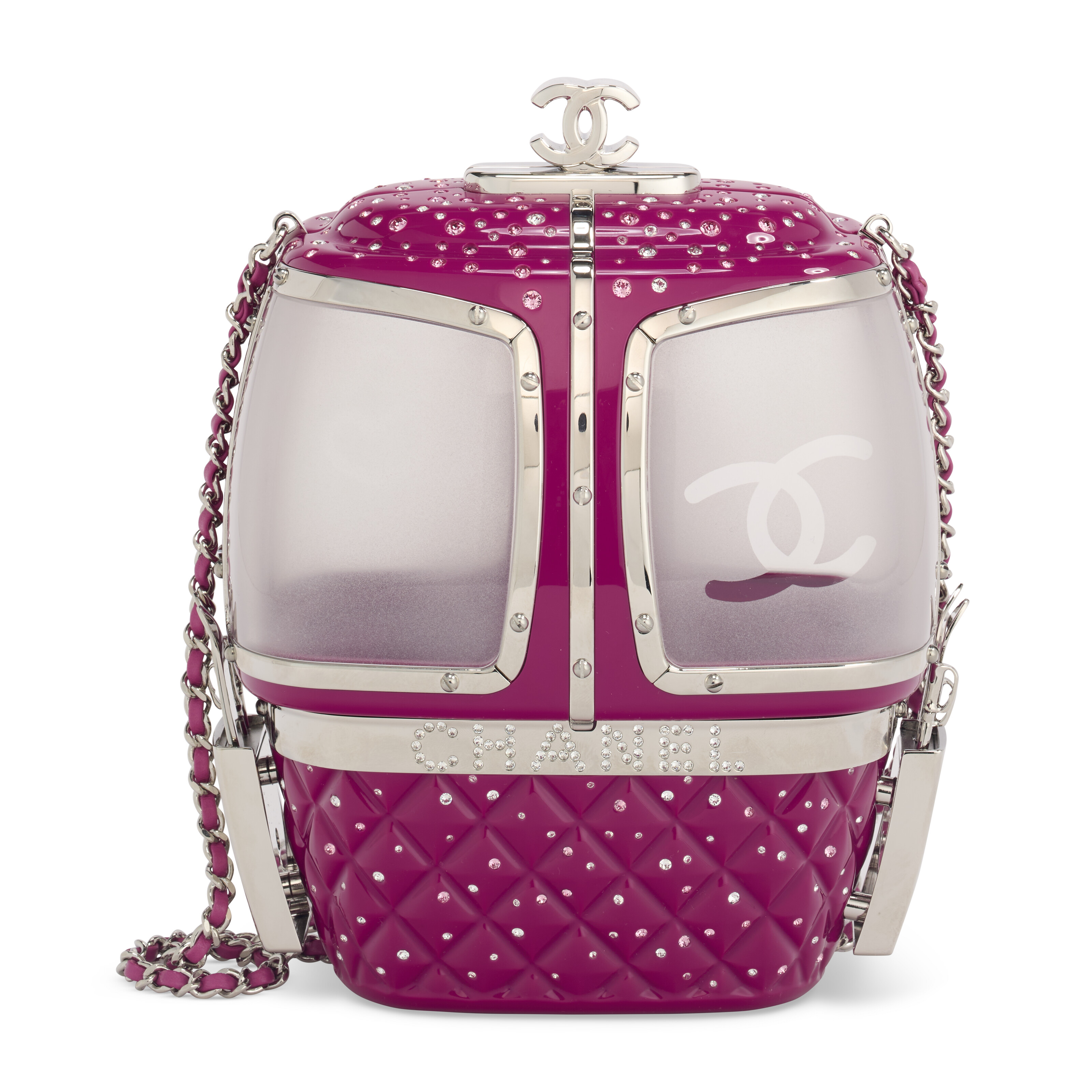 A RARE PINK LUCITE CRYSTAL SKI GONDOLA EVENING BAG WITH SILVER HARDWARE