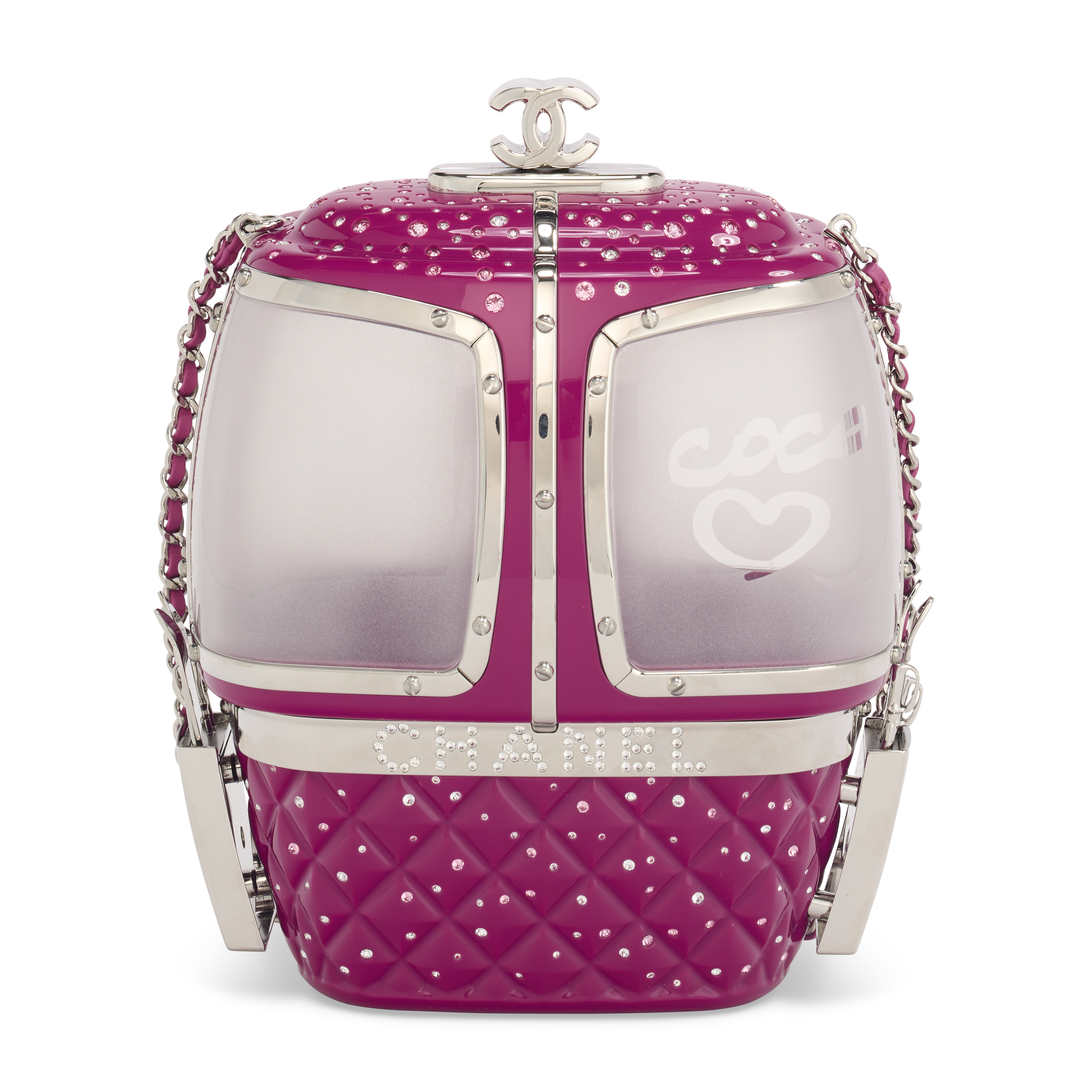 A RARE, PINK LUCITE & CRYSTAL SKI GONDOLA EVENING BAG WITH SILVER