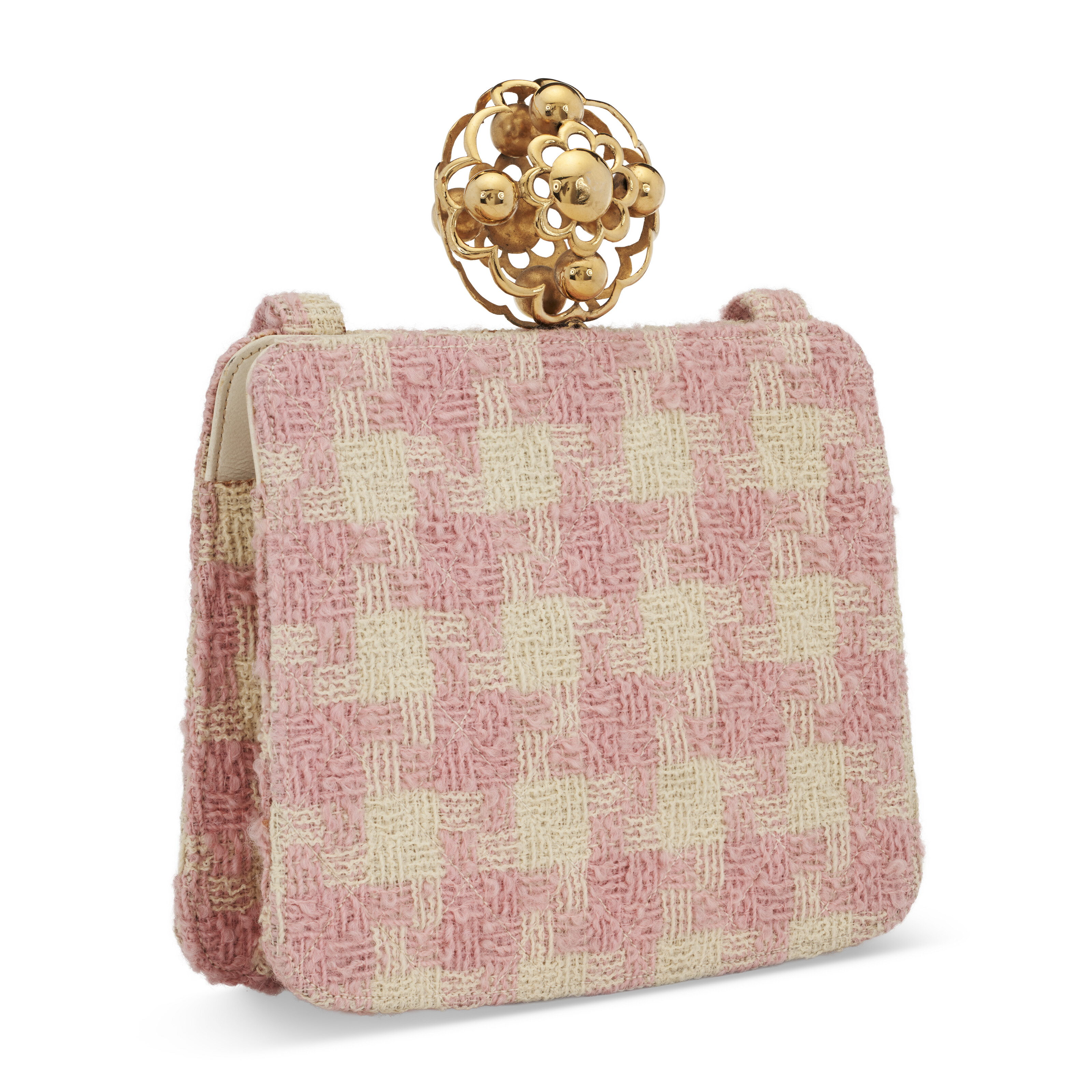 A RARE RUNWAY PINK WHITE HOUNDSTOOTH TWEED CAMELIA SHOULDER BAG WITH RED CRYSTAL GOLD HARDWARE CHANEL HAUTE COUTURE SPRING 1991 Christie s