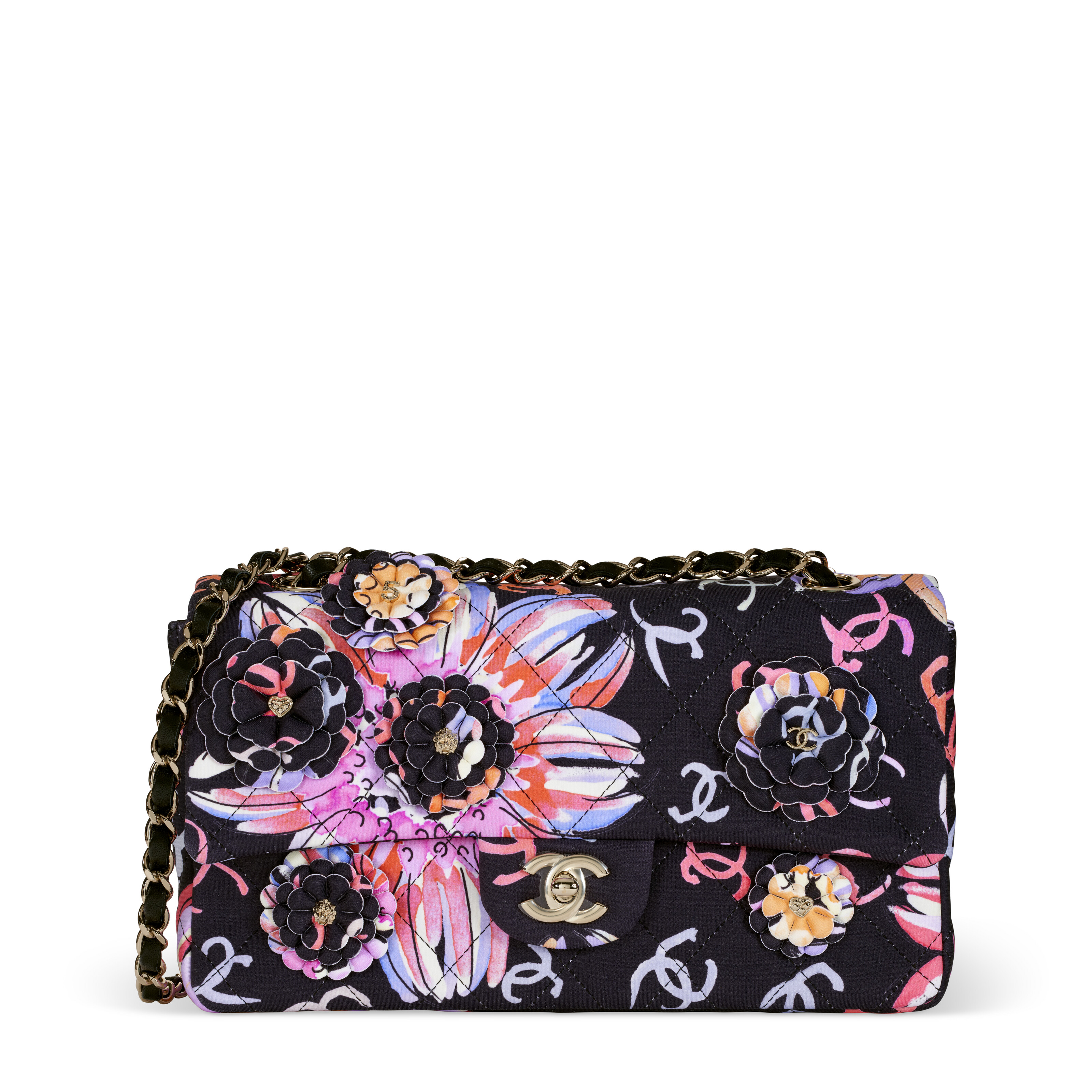 A MULTICOLOR PRINTED QUILTED FABRIC CAMELLIA MEDIUM FLAP BAG WITH