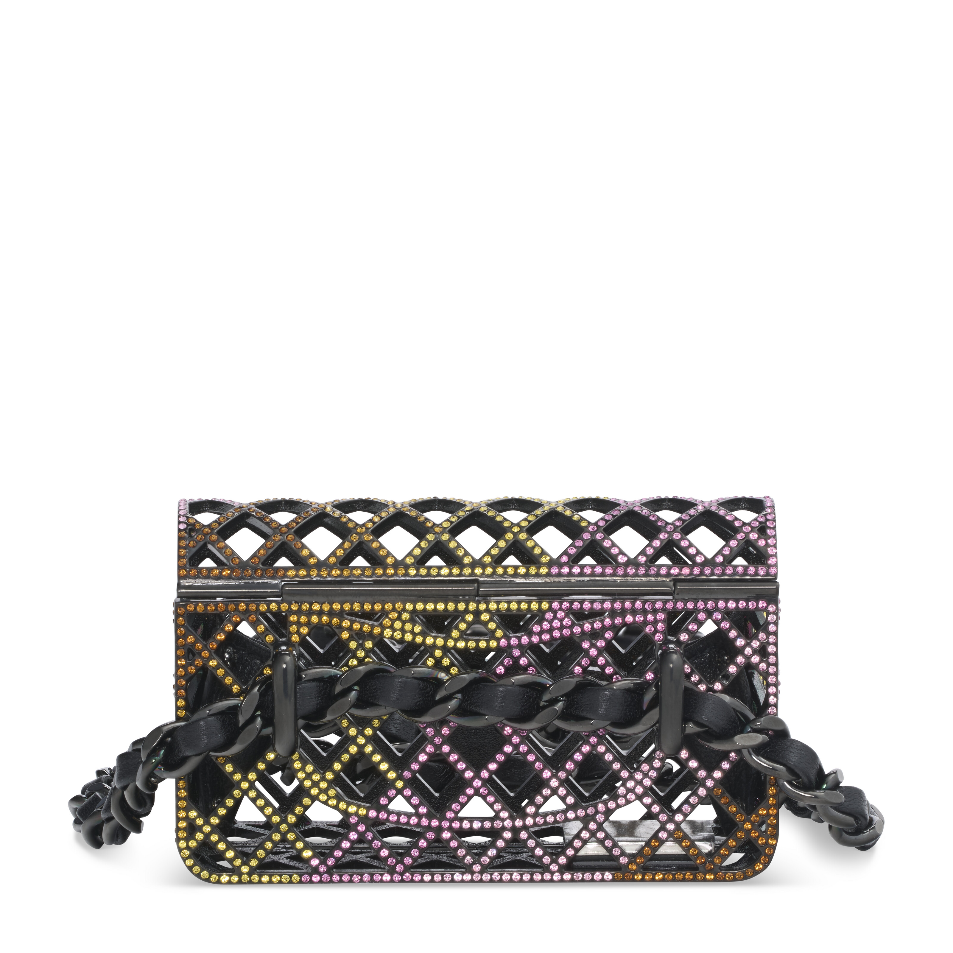 A MULTICOLOR CRYSTAL AND BLACK METAL CAGE MINI BELT BAG, CHANEL